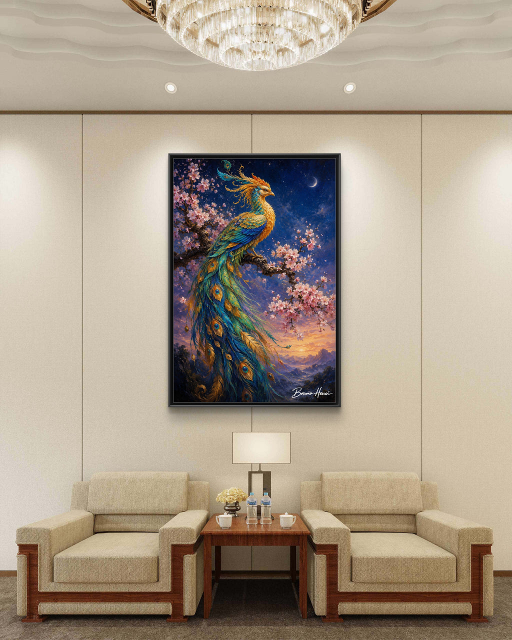 Framed Peacock Canvas Wall Art — Vibrant Fantasy Bird Print