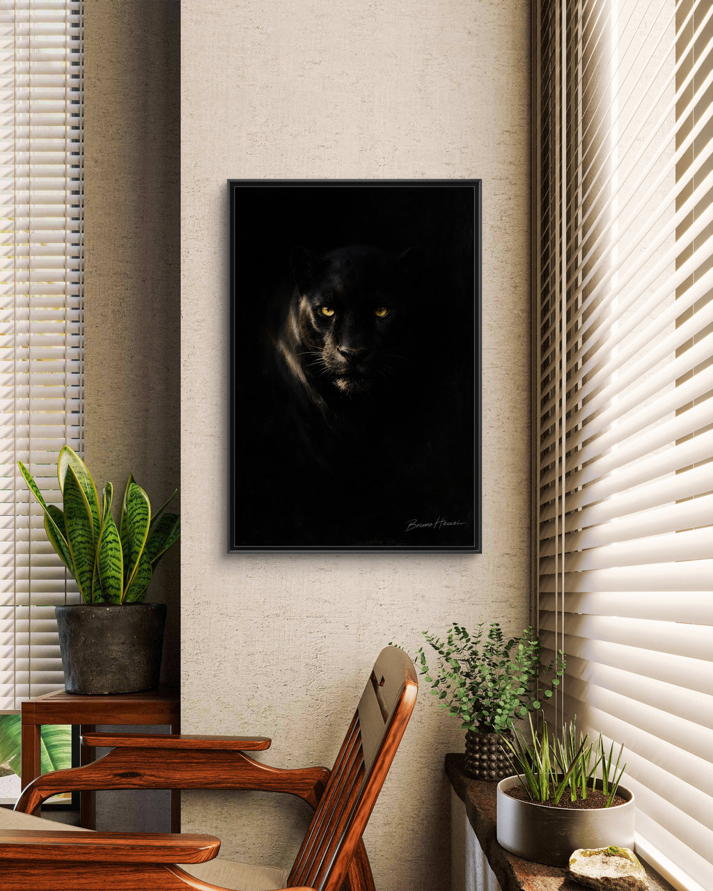 Framed Matte Canvas - Black Panther Wall Art with Golden Eyes