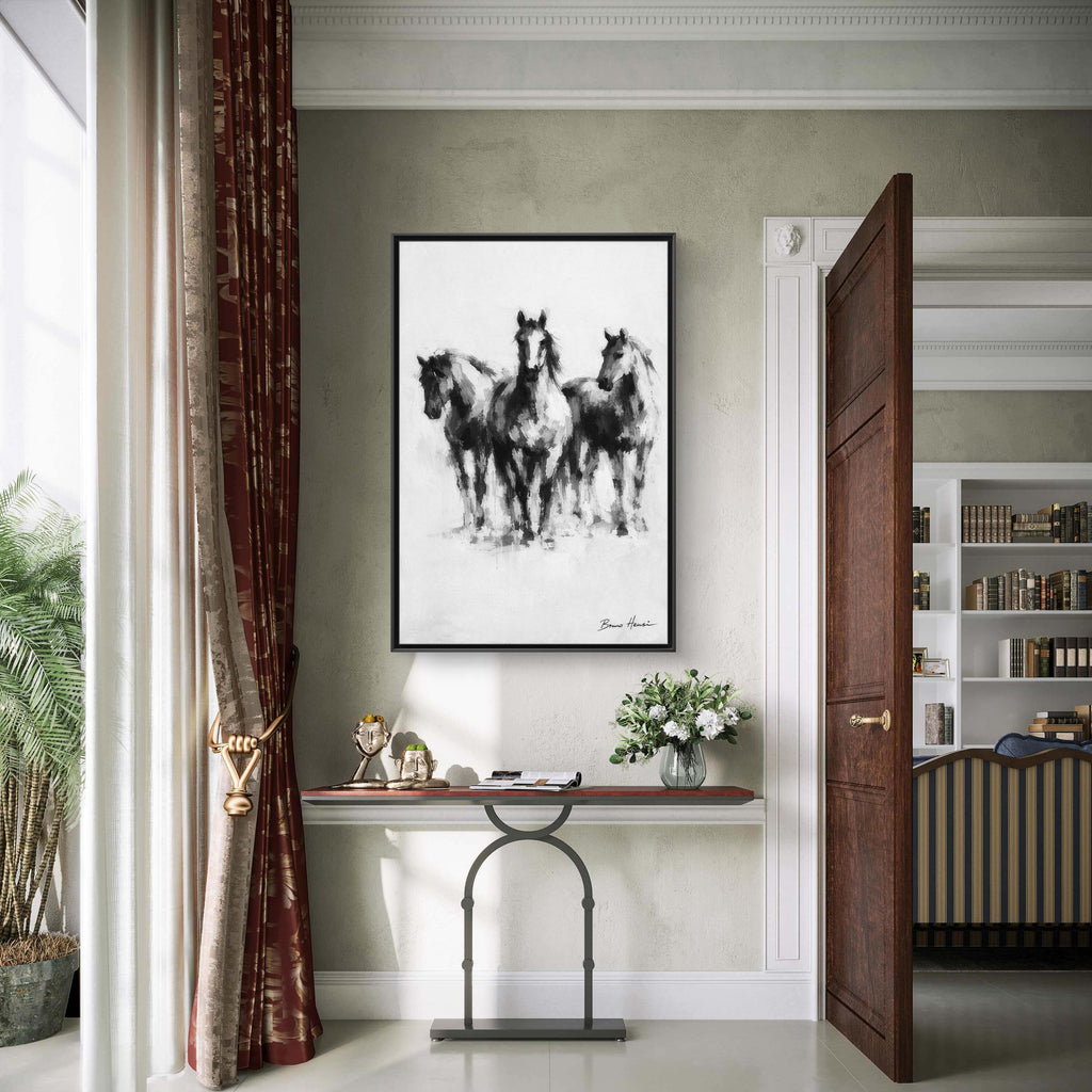 Framed Matte Canvas Print – Three Galloping Horses Black & White Wall Art