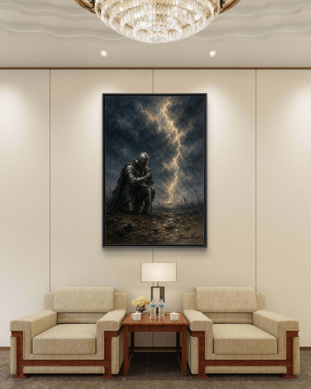Knight in Thunderstorm Matte Framed Canvas — Dark Fantasy Wall Art