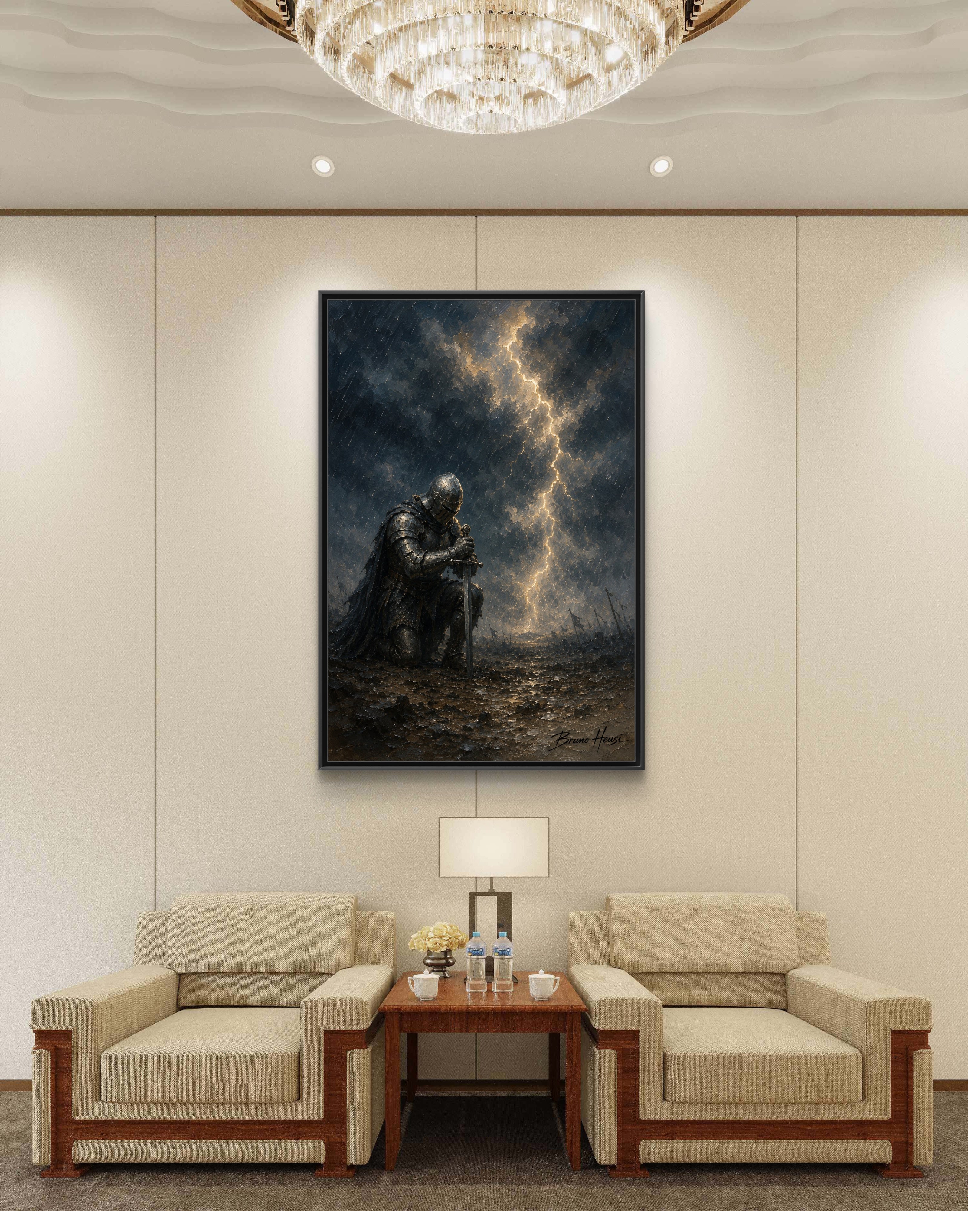 Knight in Thunderstorm Matte Framed Canvas — Dark Fantasy Wall Art