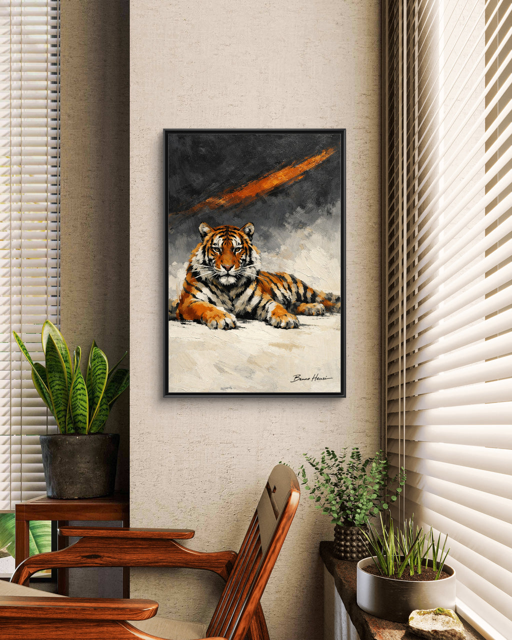 Framed Tiger Canvas Wall Art — Majestic Orange & Gray Matte Print