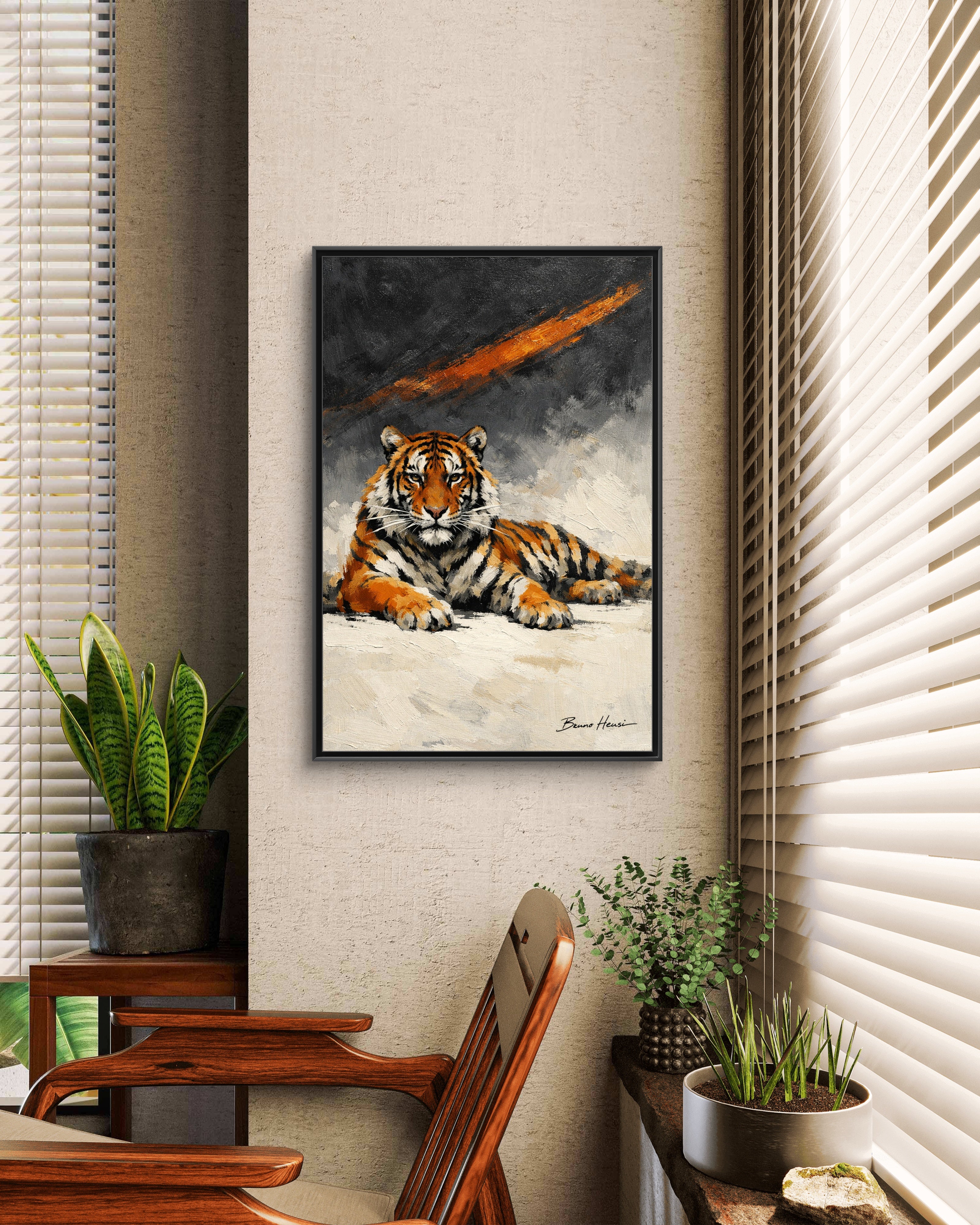 Framed Tiger Canvas Wall Art — Majestic Orange & Gray Matte Print