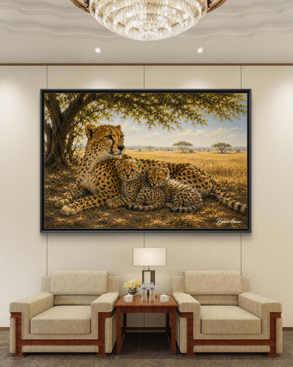 Cheetah Mother & Cubs Framed Canvas Wall Art – African Wildlife Safari Print