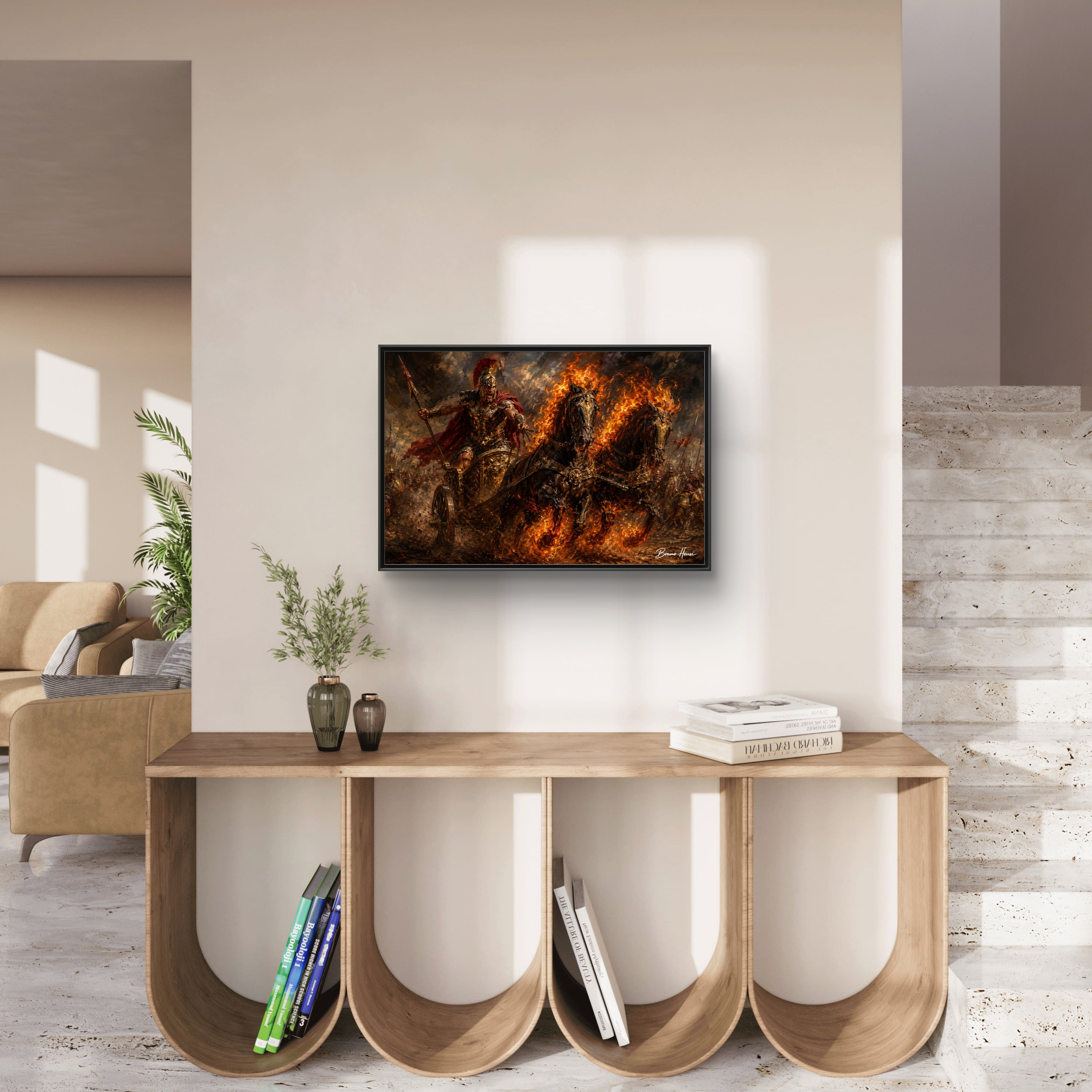 Flaming Chariot Framed Canvas Wall Art — Mythic Warrior Matte Print