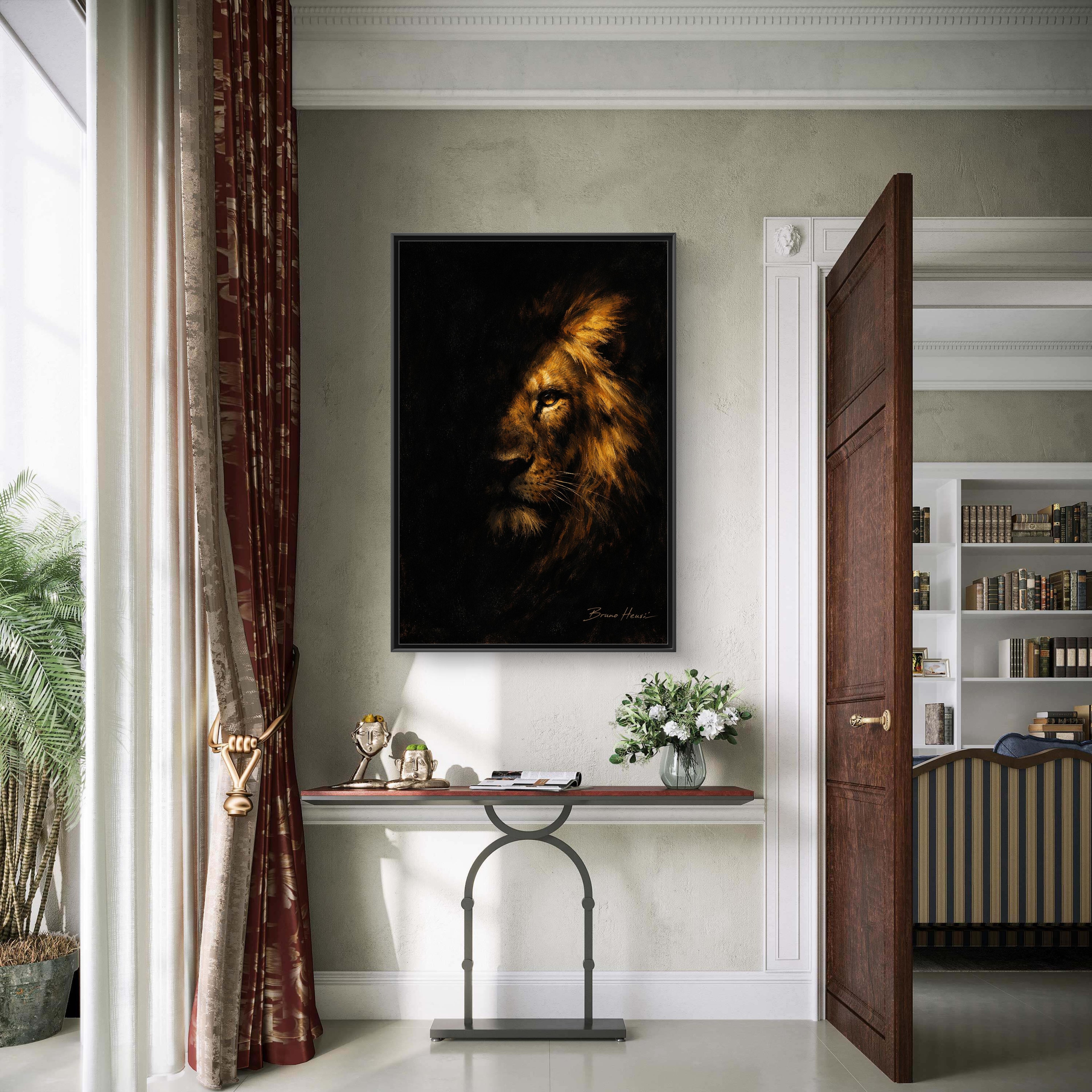 Majestic Lion Portrait Framed Canvas Wall Art — Golden Mane on Black Matte Print