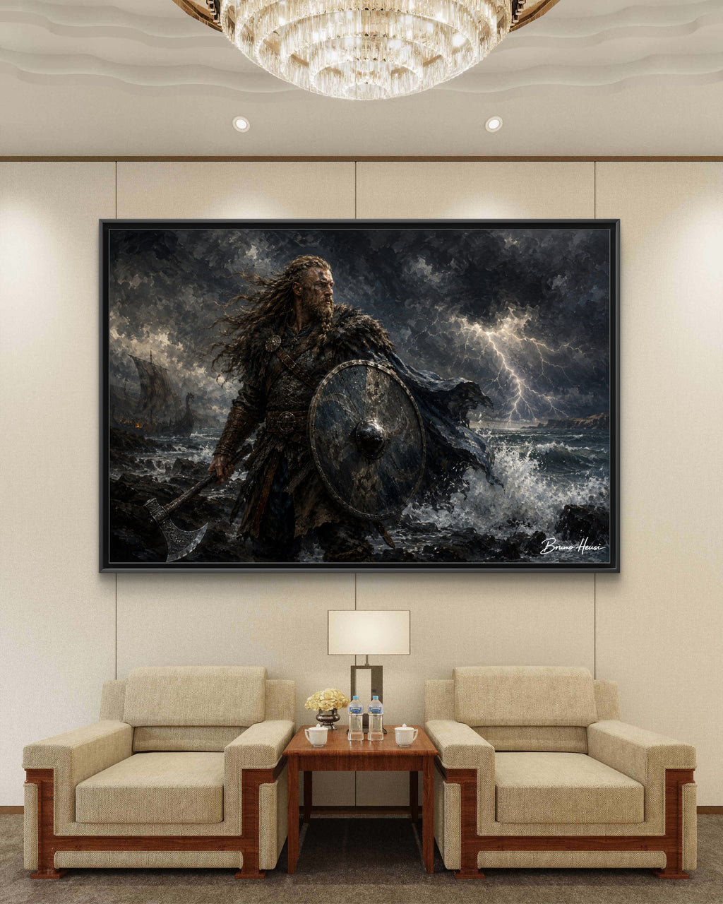 Viking Warrior Matte Framed Canvas Print — Stormy Norse Shield and Axe Wall Art