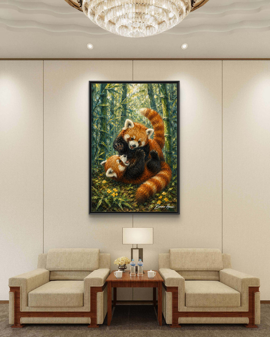 Red Panda Playtime Framed Canvas Wall Art — Playful Wildlife Print
