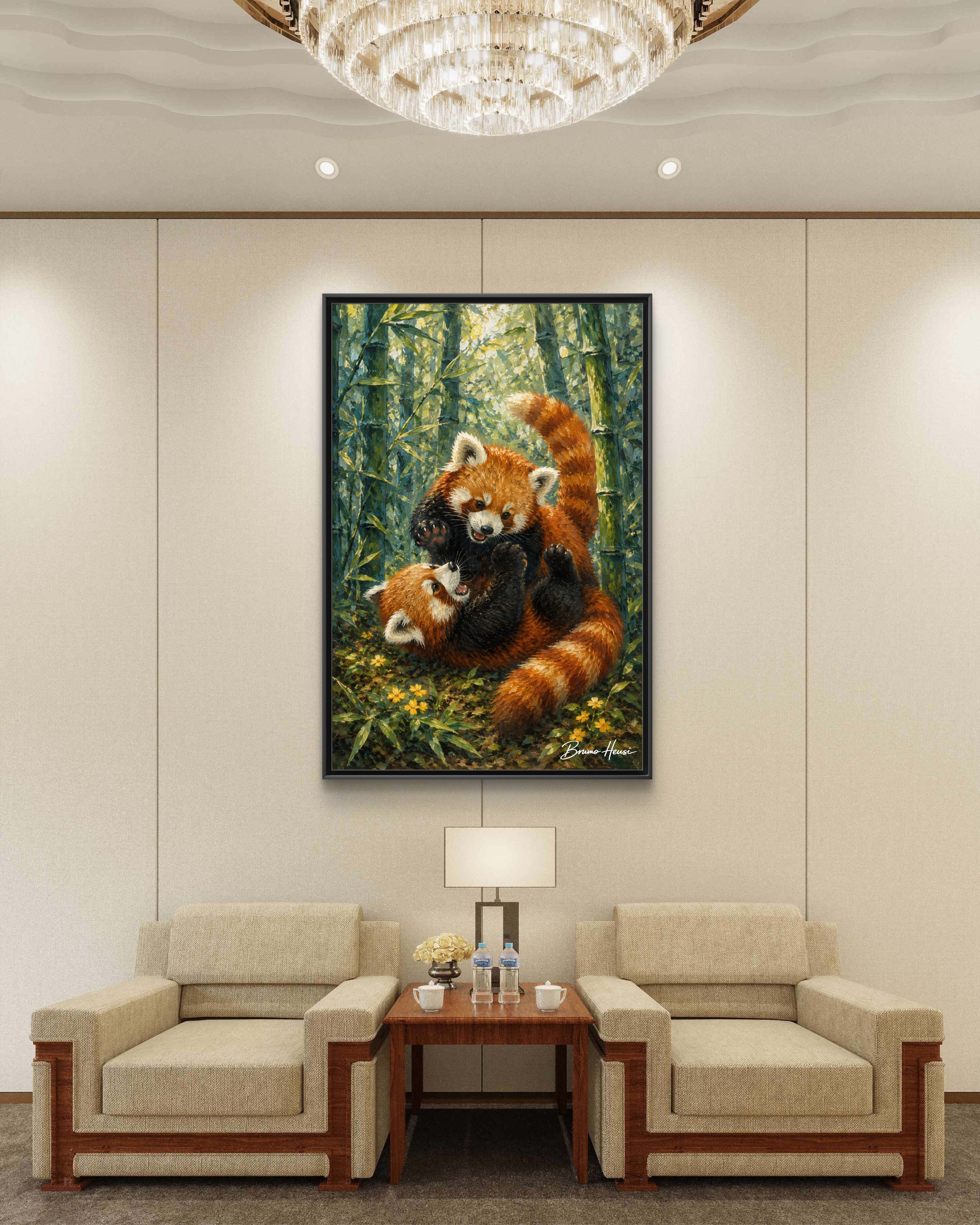 Red Panda Playtime Framed Canvas Wall Art — Playful Wildlife Print