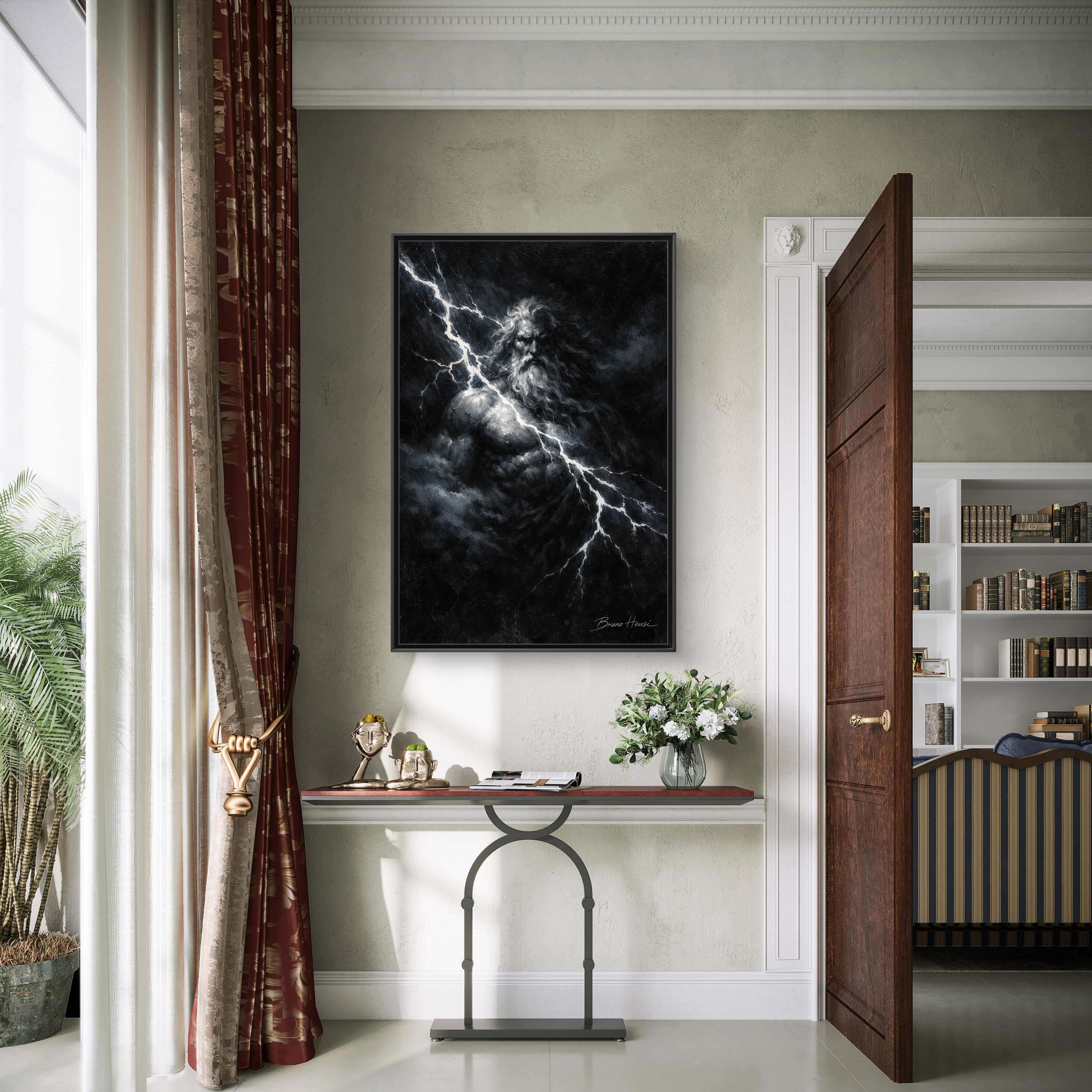 Zeus Lightning God Framed Canvas Wall Art — Stormy Mythology Print