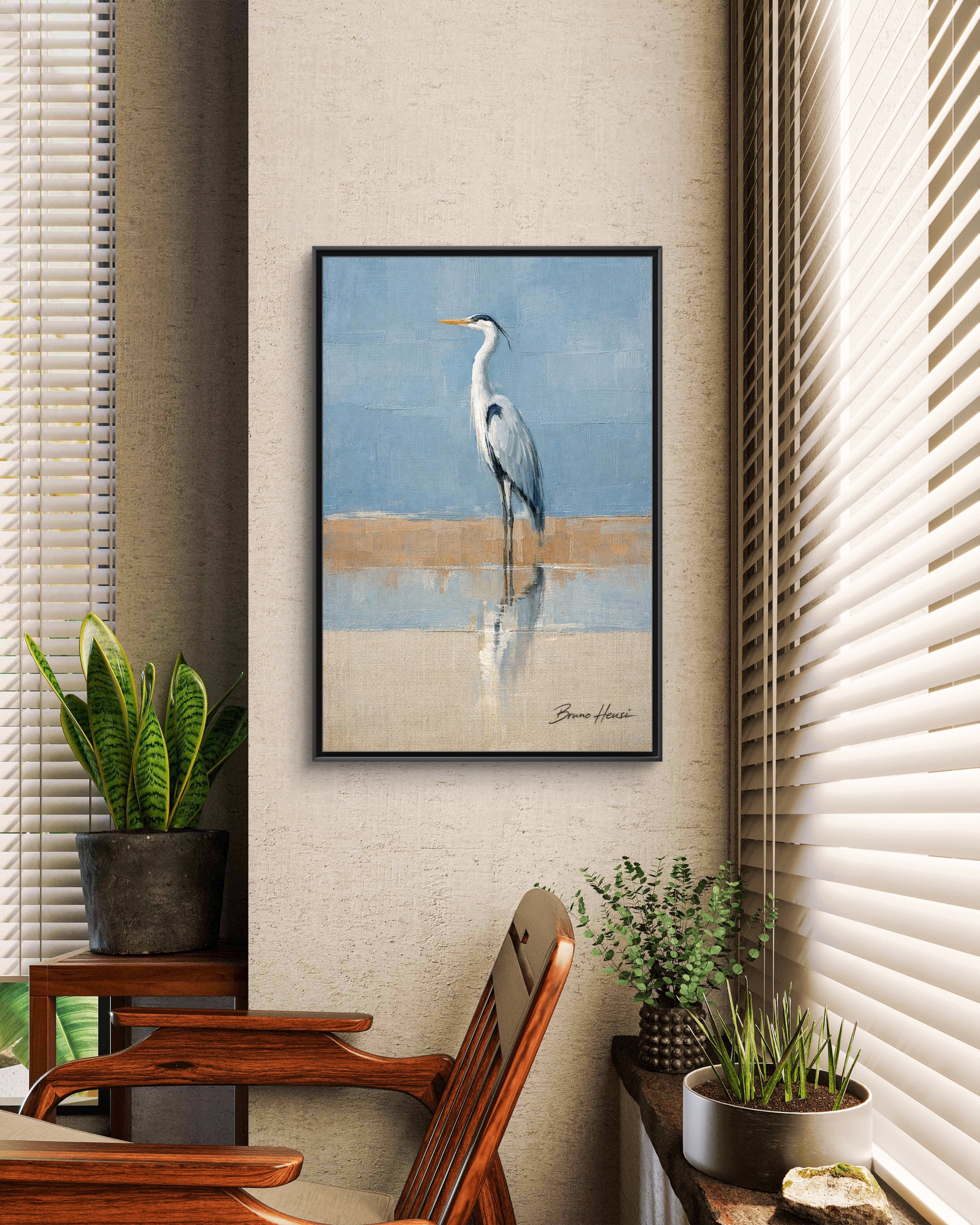 Framed Heron Canvas Art – Coastal Shorebird Wall Decor