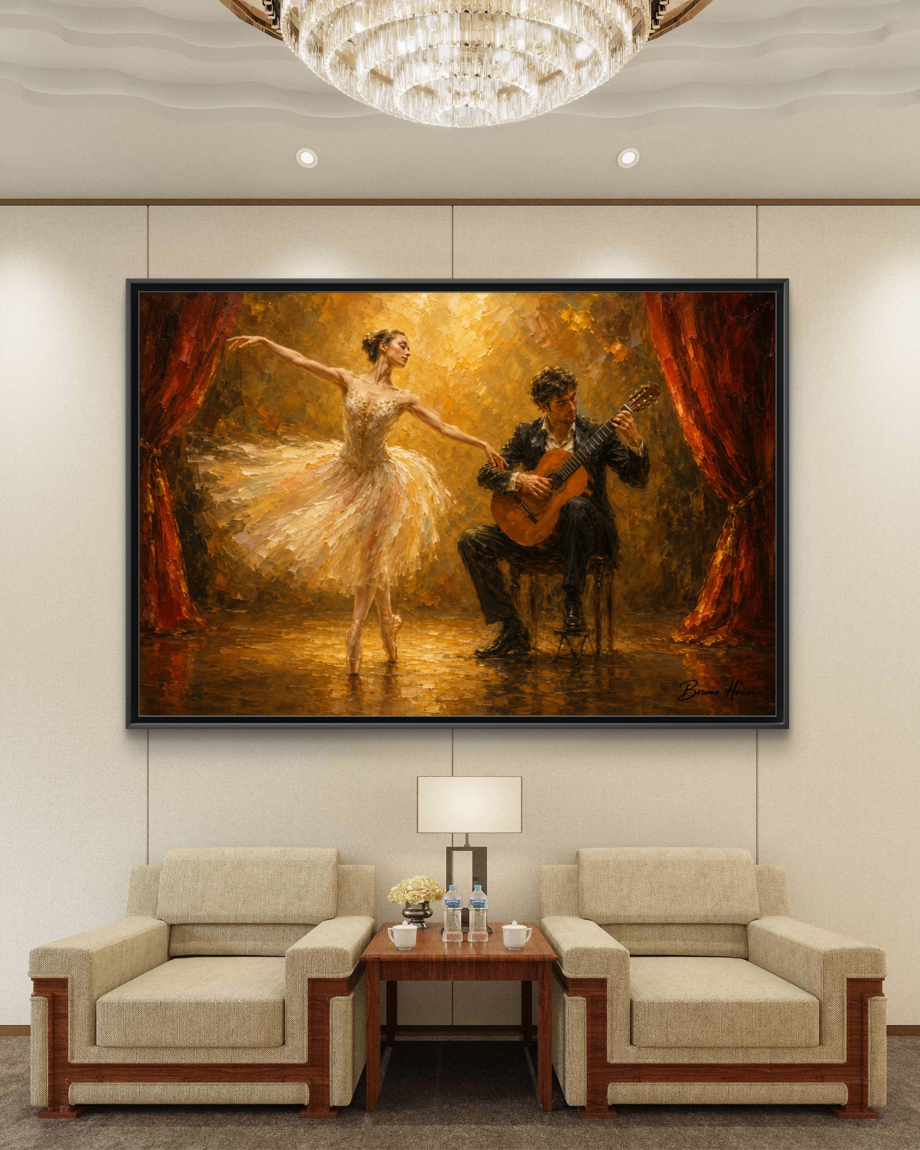 Ballet Dancer & Guitarist Framed Canvas Wall Art — Oil-Style Performance Print