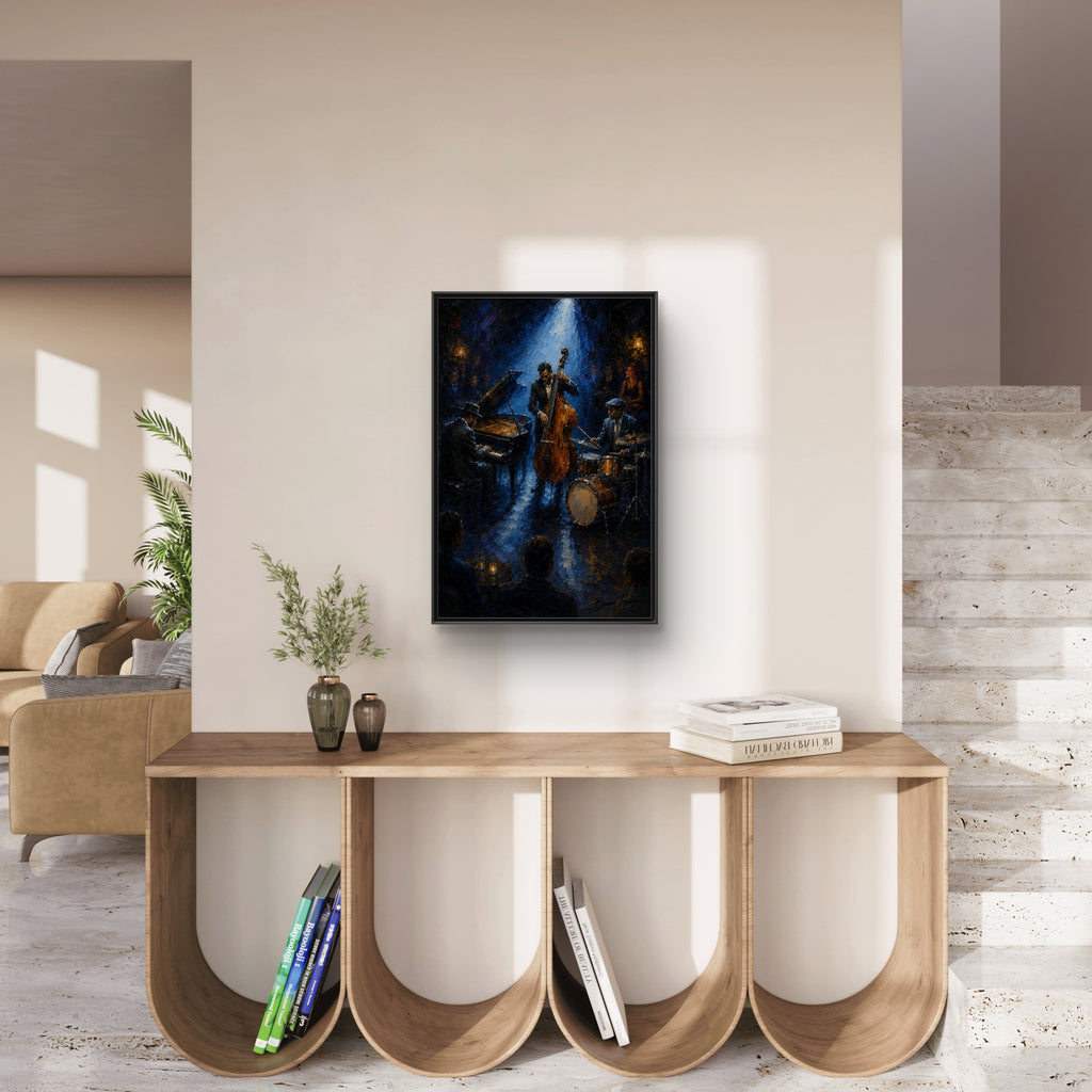 Framed Jazz Quartet Canvas Wall Art – Moody Blue Music Scene