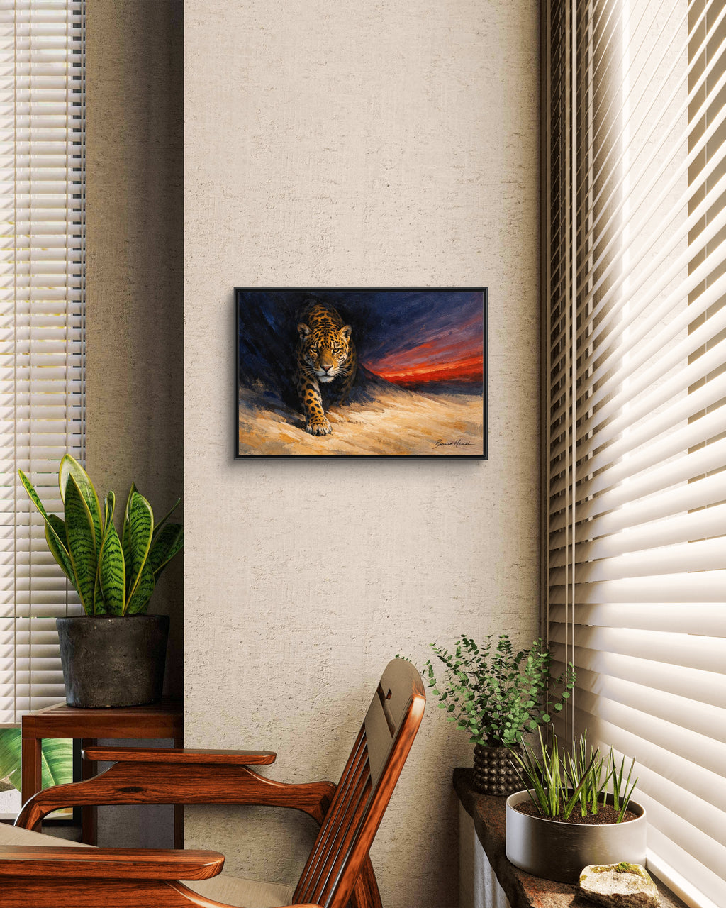 Framed Jaguar Canvas Art – Majestic Big Cat Painting with Sunset Sky
