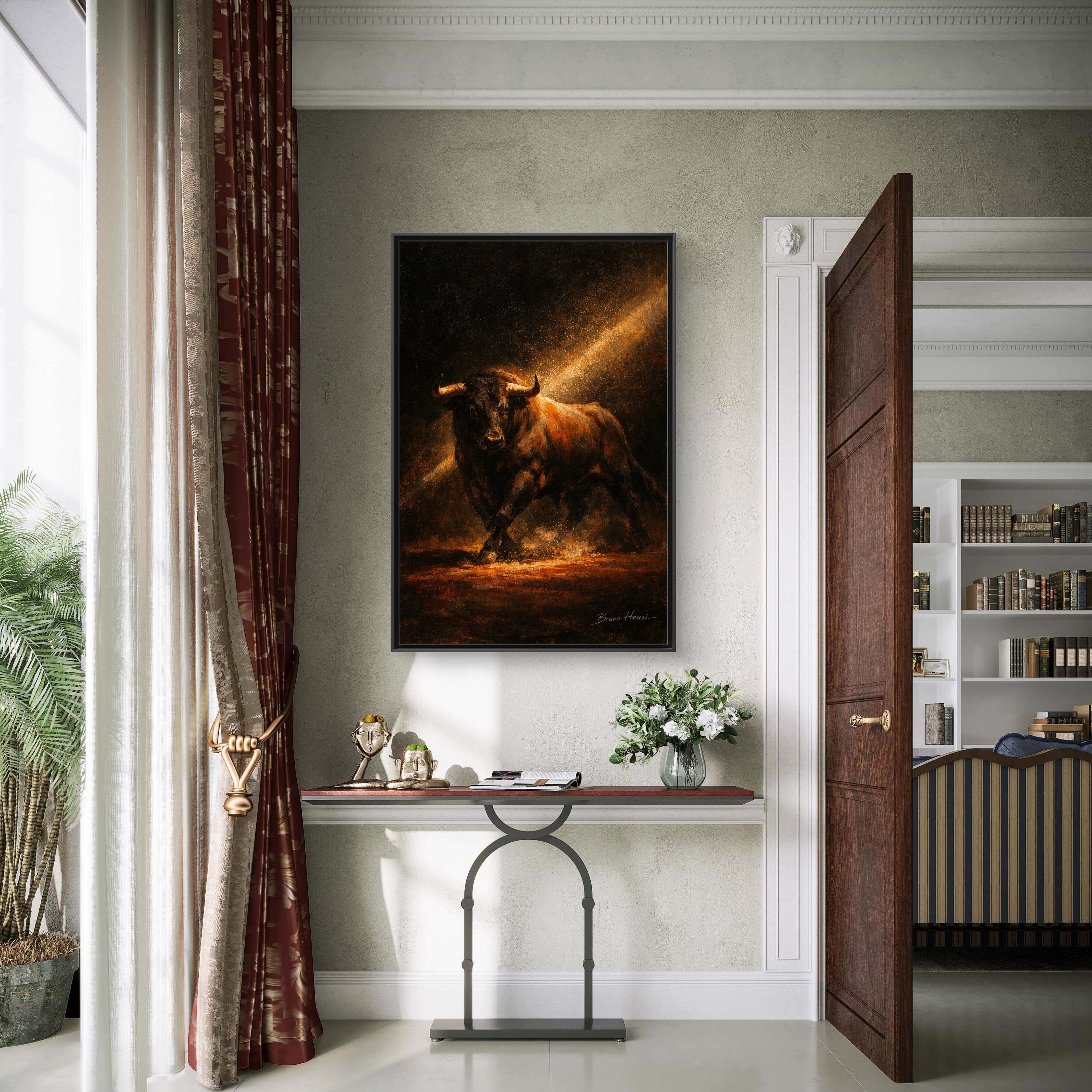 Framed Matte Canvas Art - Dramatic Charging Bull Painting