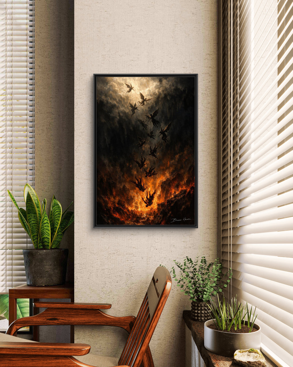Falling Angels Matte Framed Canvas Print — Dark Fantasy Wall Art