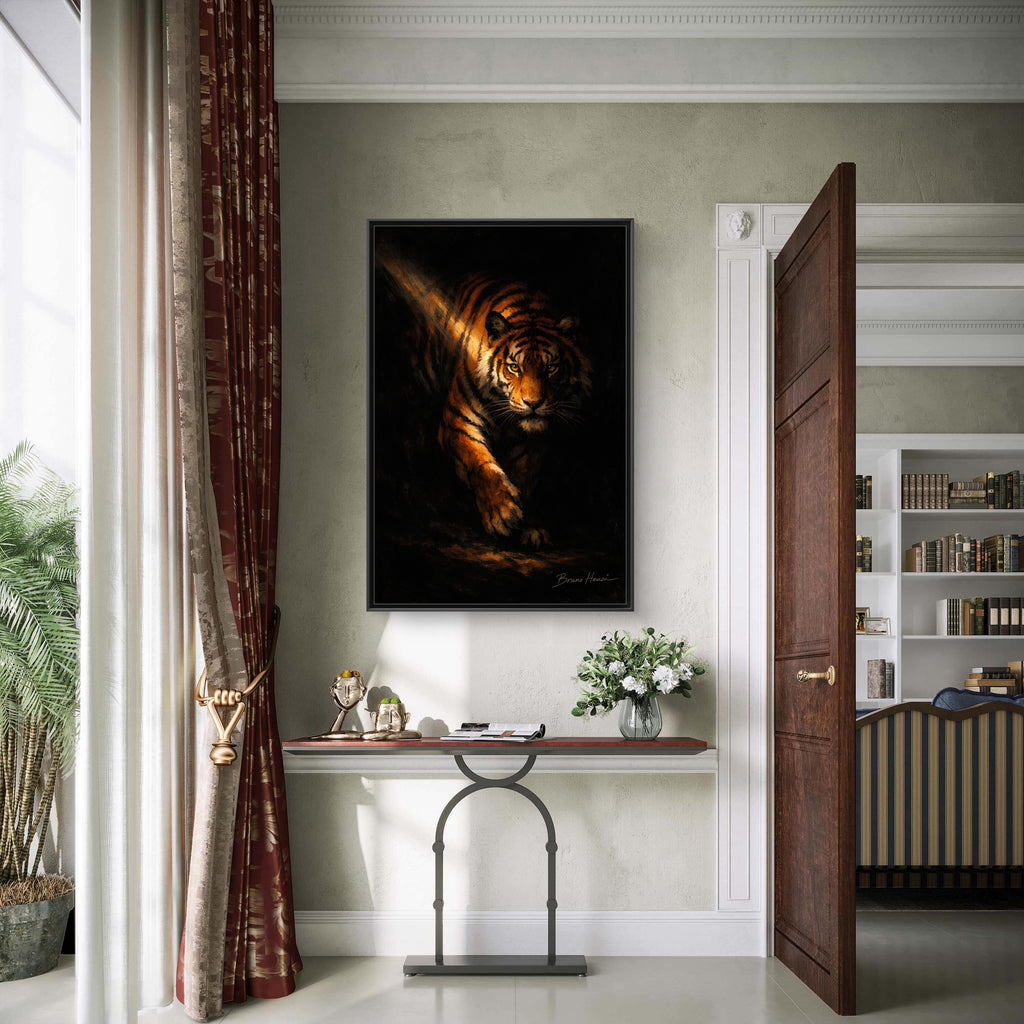 Tiger in the Shadows Matte Framed Canvas Print — Dramatic Wildlife Wall Art
