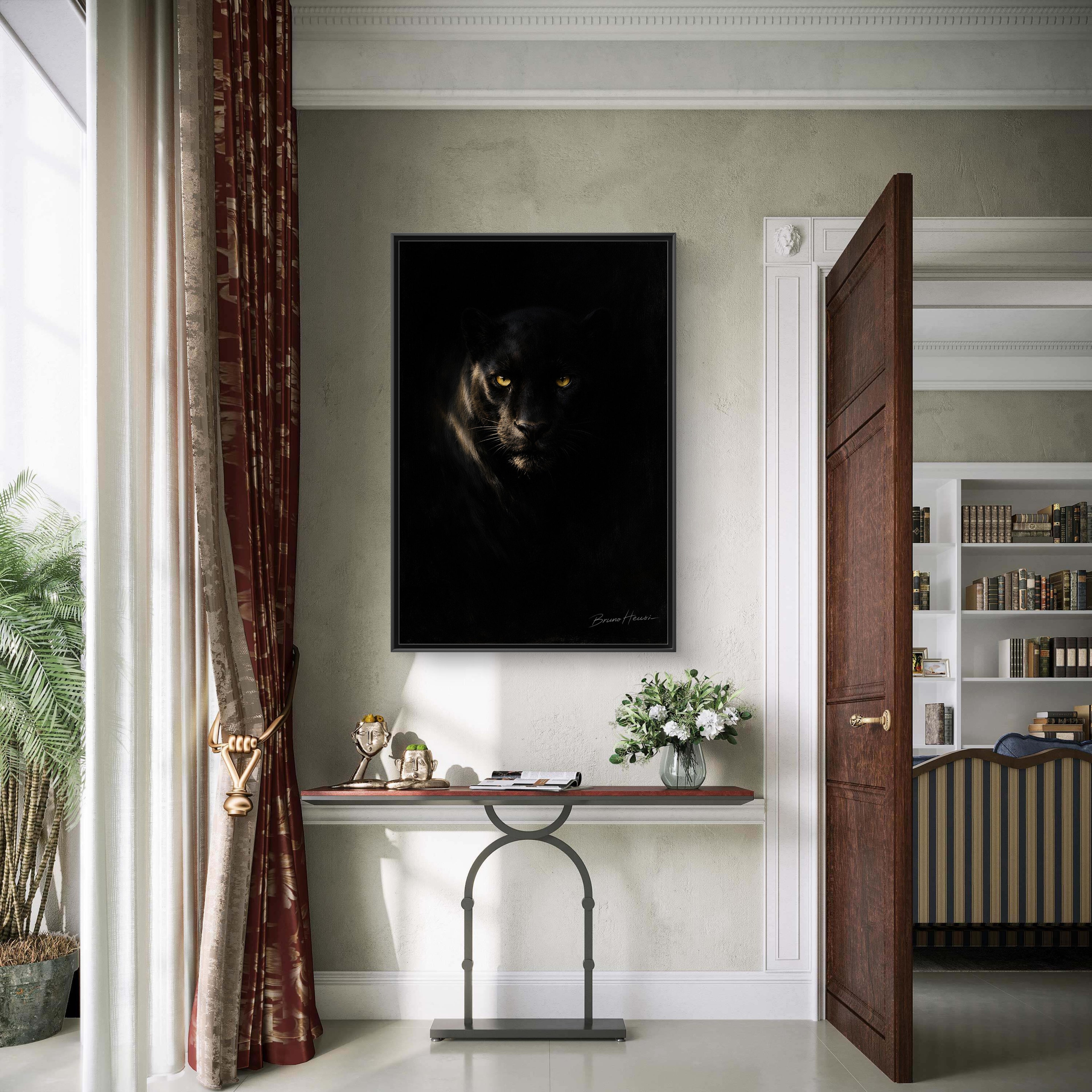 Framed Matte Canvas - Black Panther Wall Art with Golden Eyes