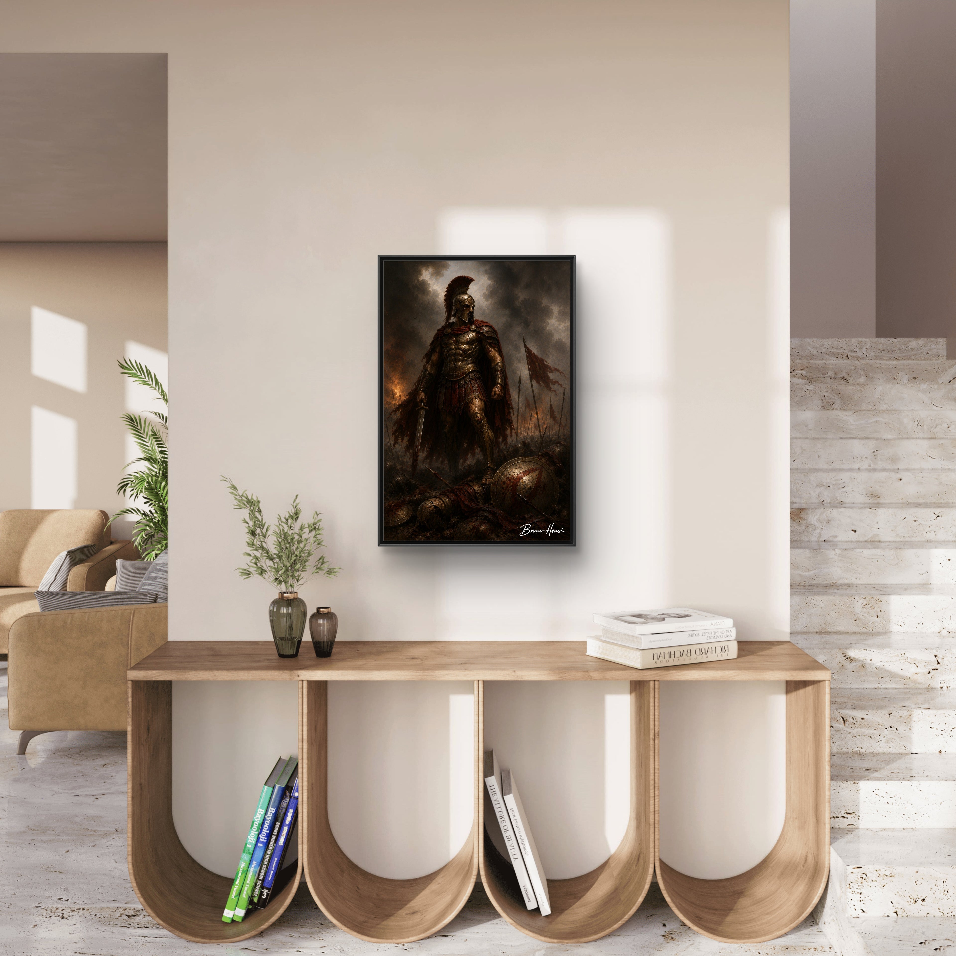 Framed Spartan Warrior Matte Canvas Print – Dramatic Ancient Battle Wall Art