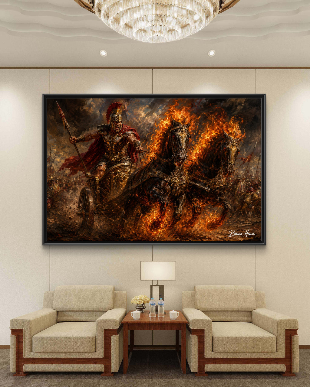 Flaming Chariot Framed Canvas Wall Art — Mythic Warrior Matte Print