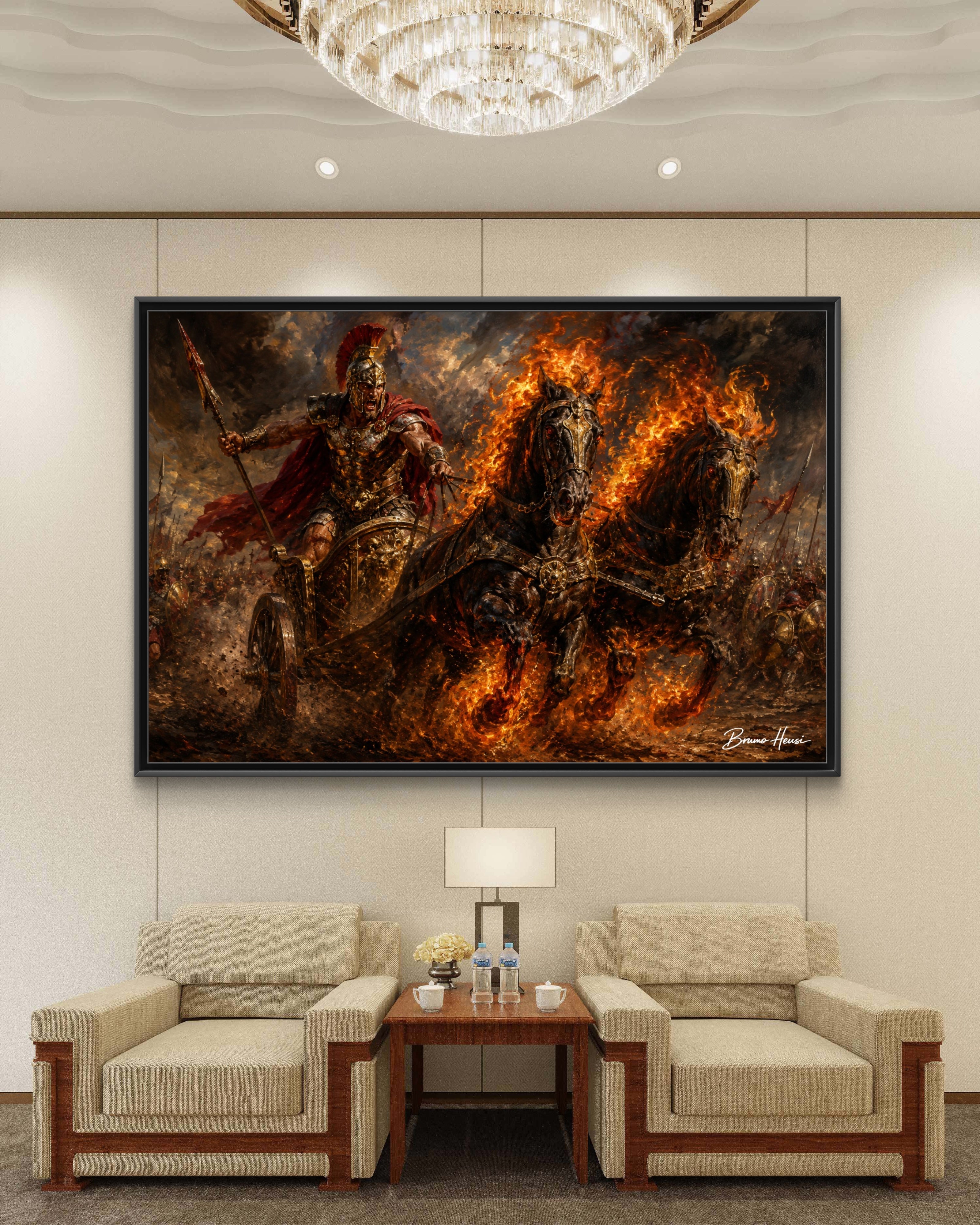 Flaming Chariot Framed Canvas Wall Art — Mythic Warrior Matte Print