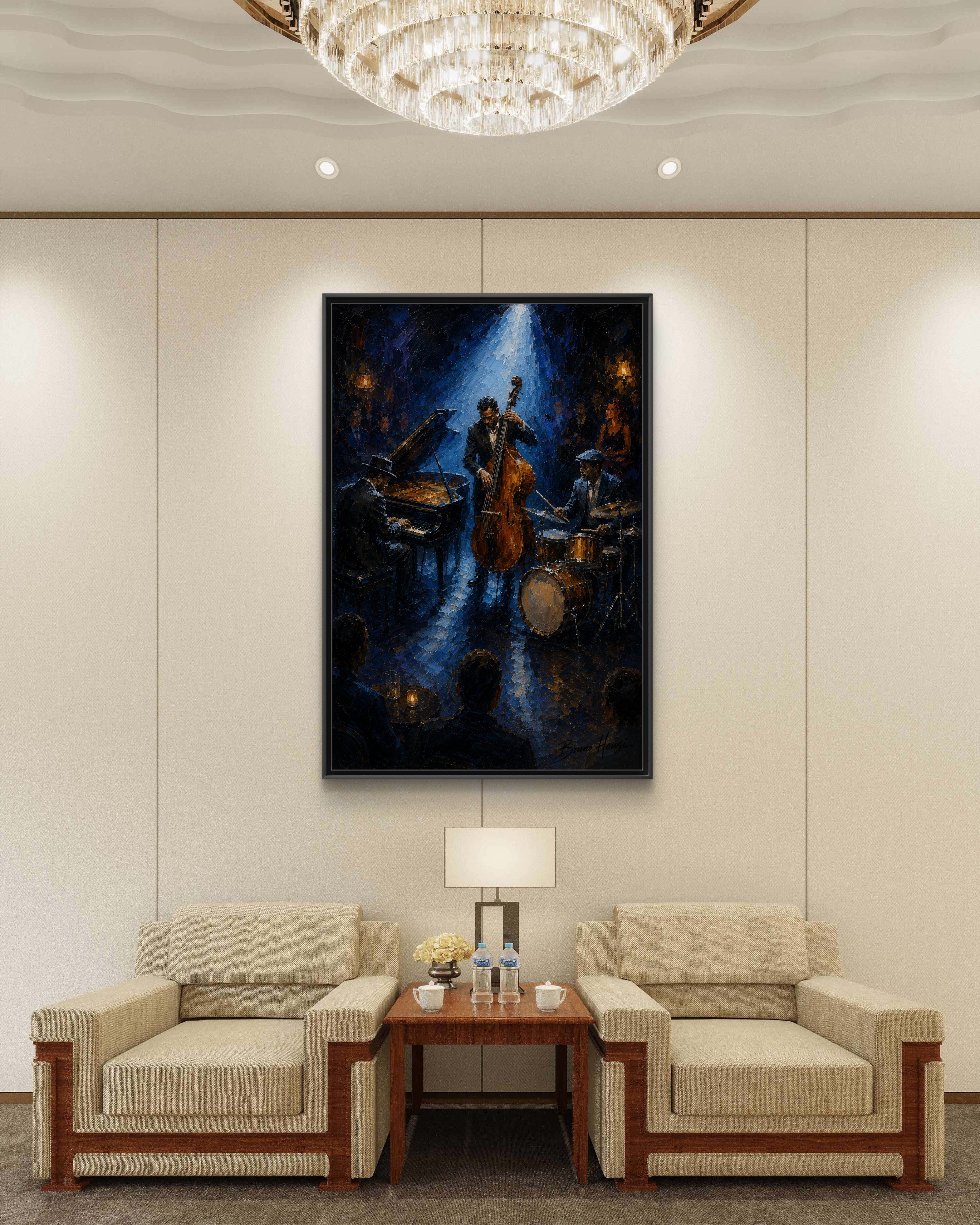 Framed Jazz Quartet Canvas Wall Art – Moody Blue Music Scene