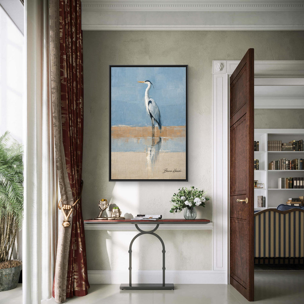 Framed Heron Canvas Art – Coastal Shorebird Wall Decor