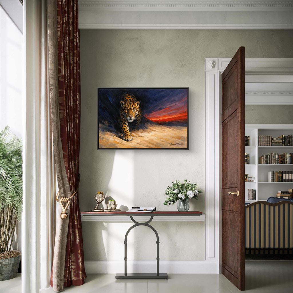 Framed Jaguar Canvas Art – Majestic Big Cat Painting with Sunset Sky