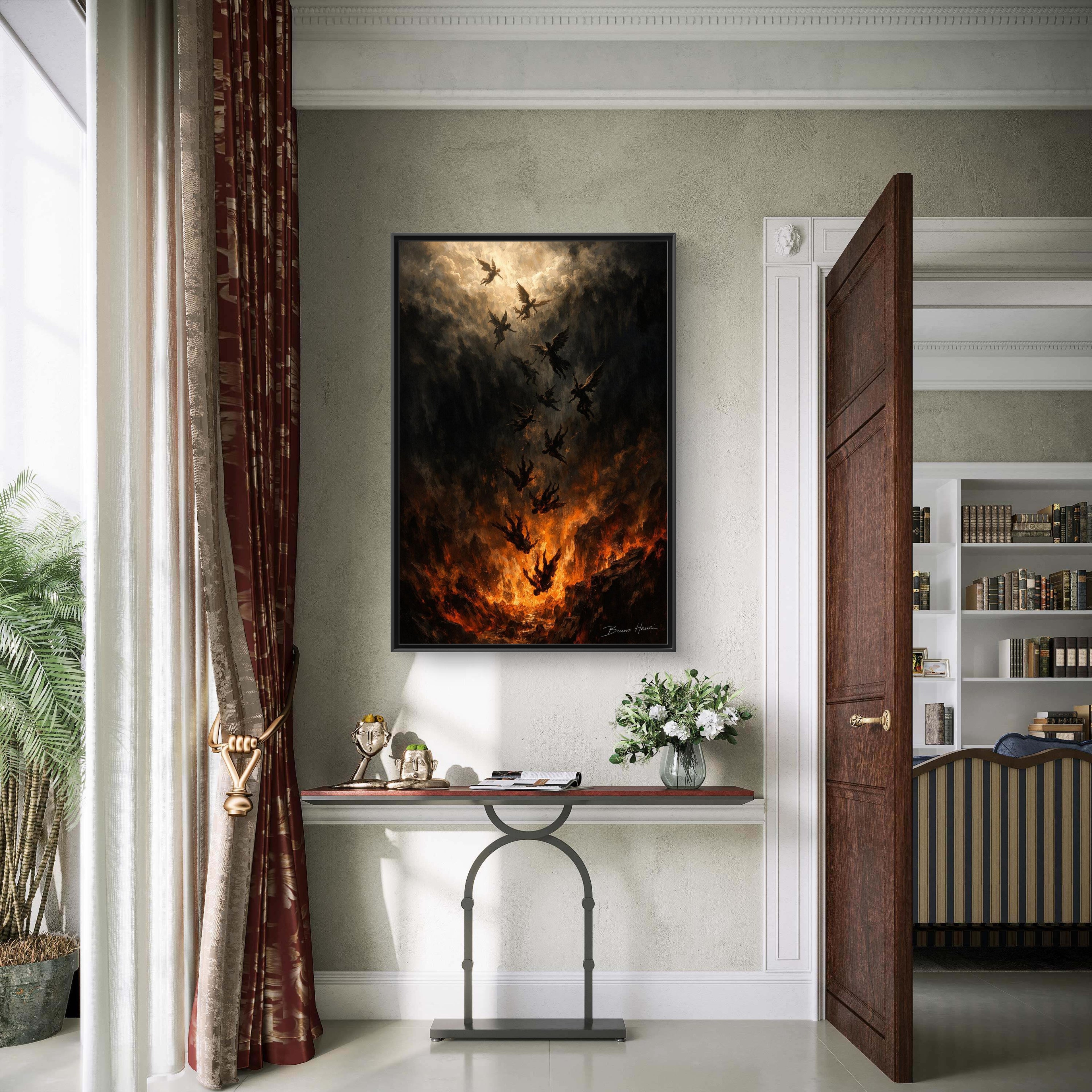 Falling Angels Matte Framed Canvas Print — Dark Fantasy Wall Art