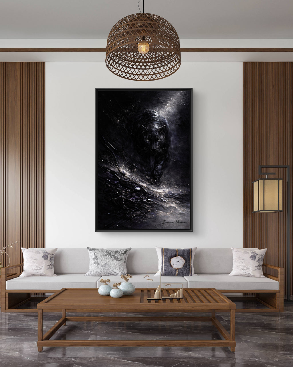 Cosmic Black Panther Matte Framed Canvas – Dark Abstract Wildlife Wall Art