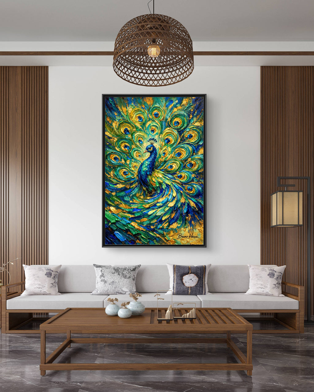 Peacock Oil-Style Framed Canvas Wall Art — Vibrant Blue & Gold Peacock Painting