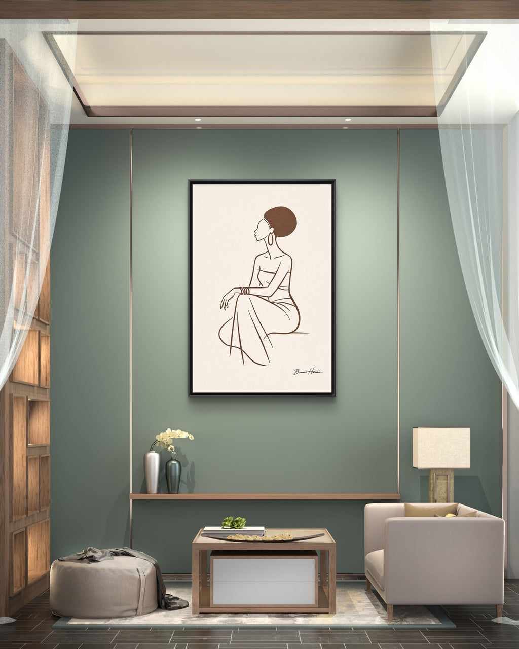 Elegant Minimalist Line Art Woman — Framed Matte Canvas Wall Art