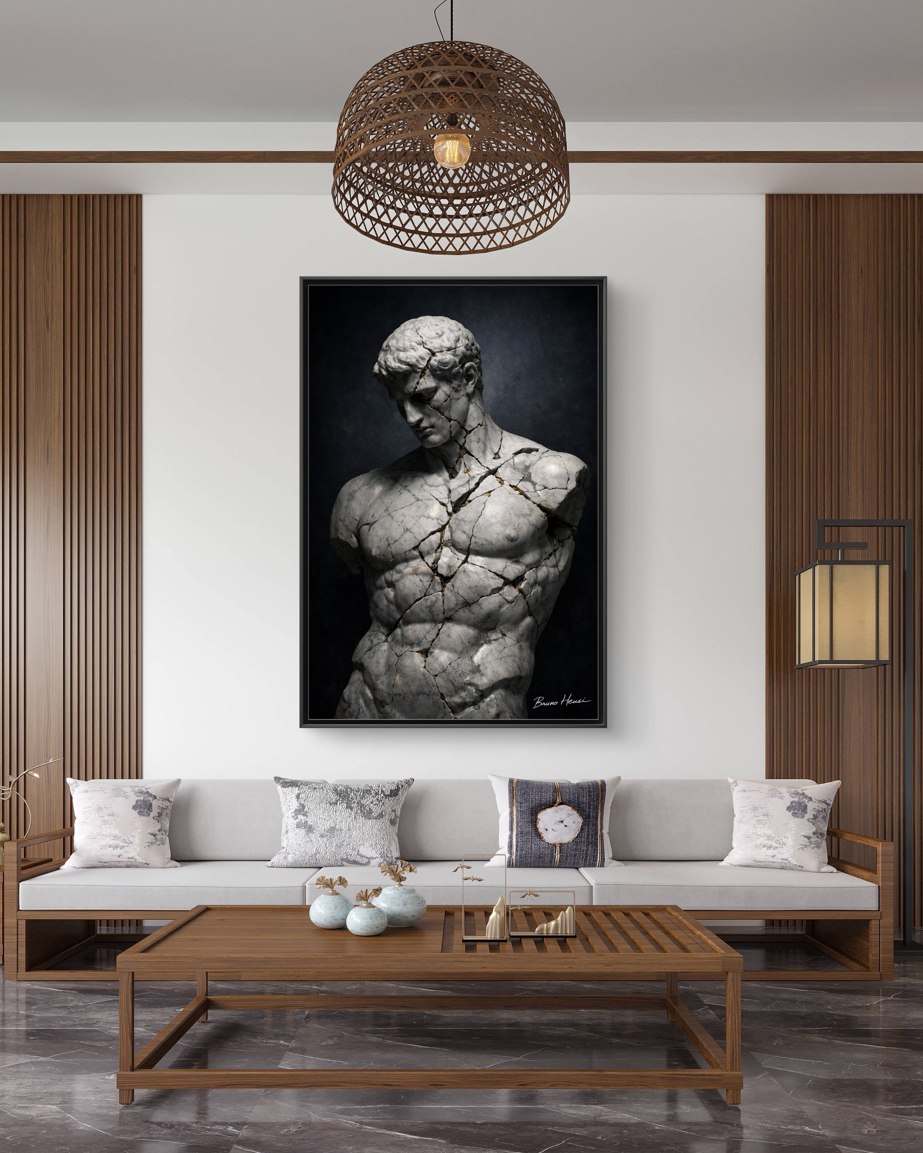 Cracked Marble Bust Framed Canvas Wall Art — Classical Sculpture Print