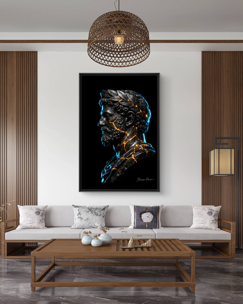 Roman Emperor Neon Bust Framed Canvas Wall Art — Modern Sculpture Print