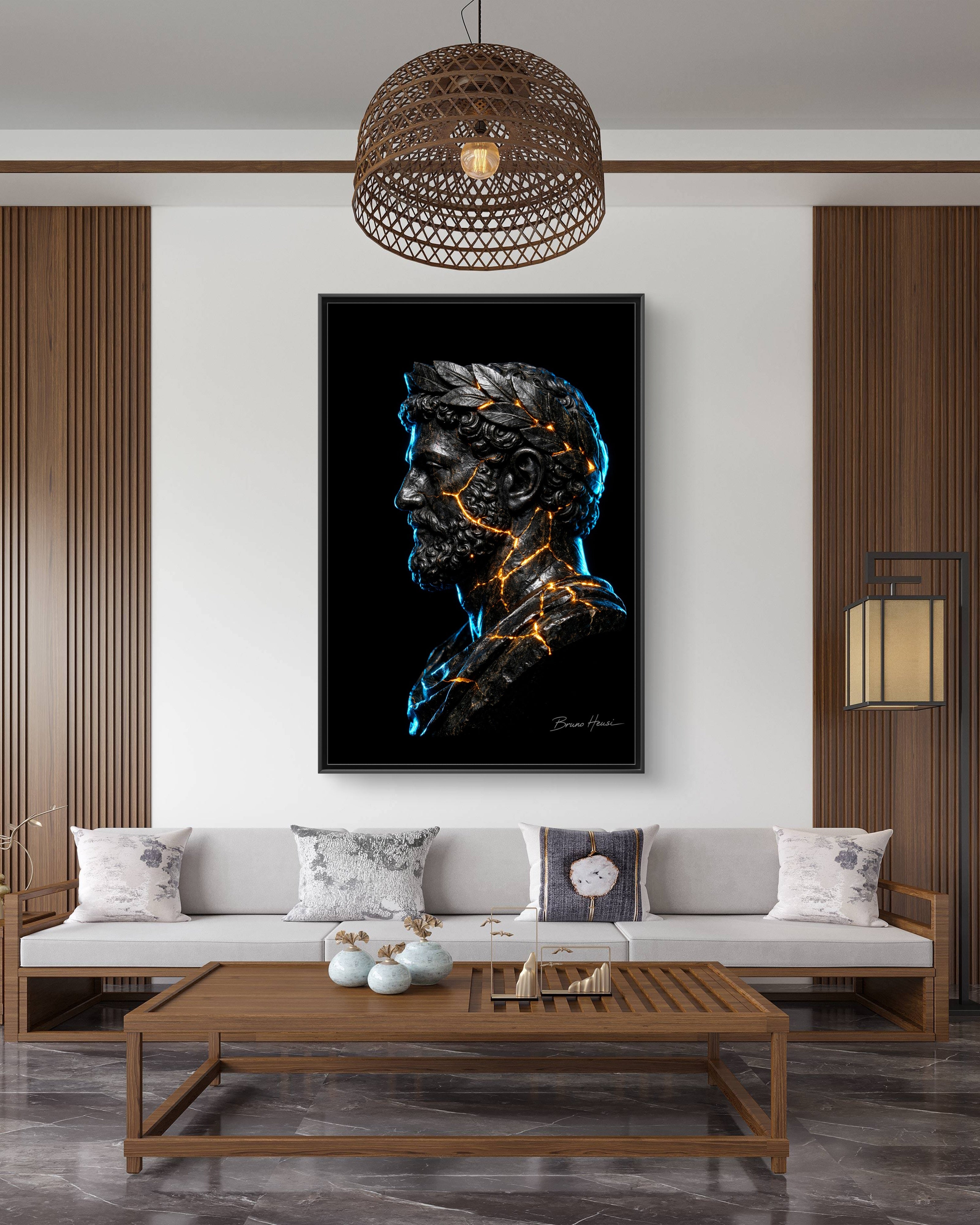 Roman Emperor Neon Bust Framed Canvas Wall Art — Modern Sculpture Print