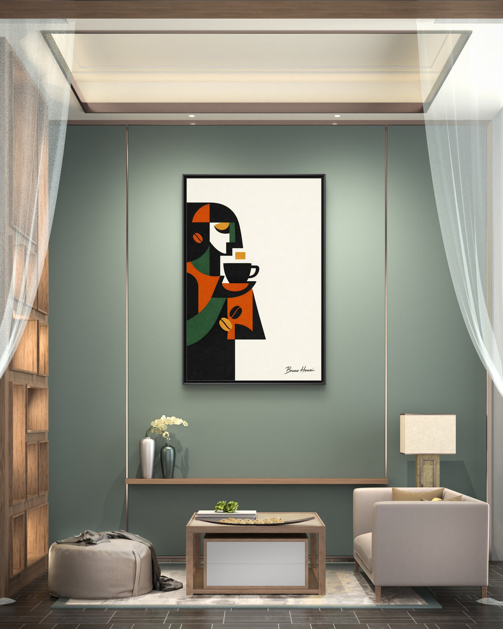 Abstract Coffee Drinker Framed Canvas Print — Modern Café Wall Art