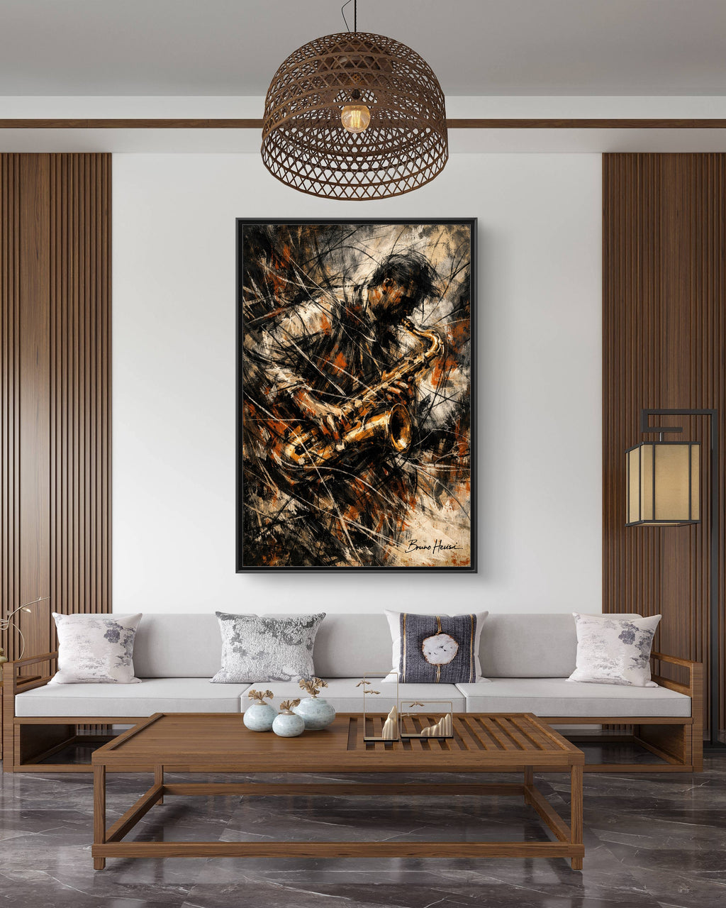 Saxophone Jazz Musician Framed Canvas Wall Art — Abstract Music Print