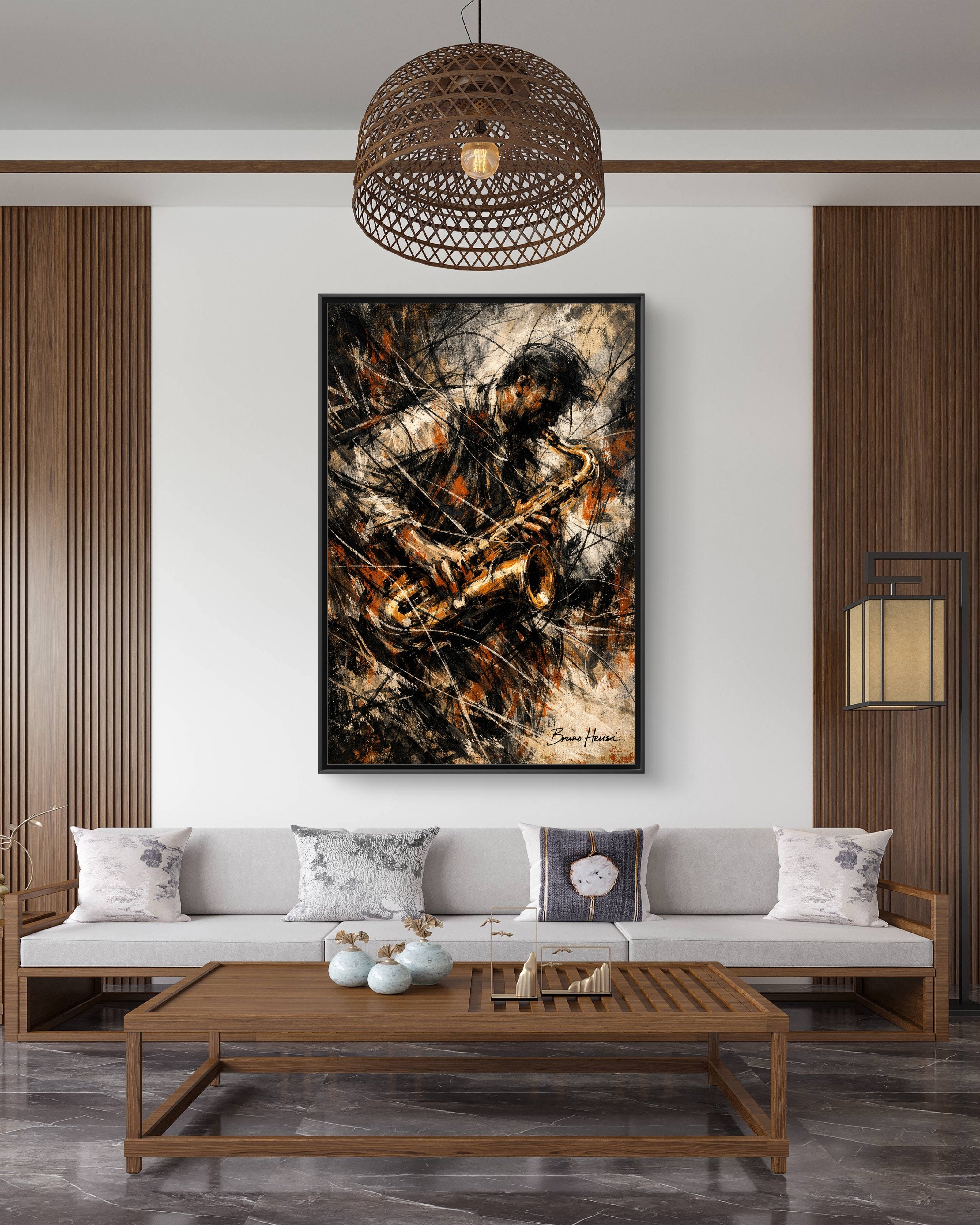 Saxophone Jazz Musician Framed Canvas Wall Art — Abstract Music Print