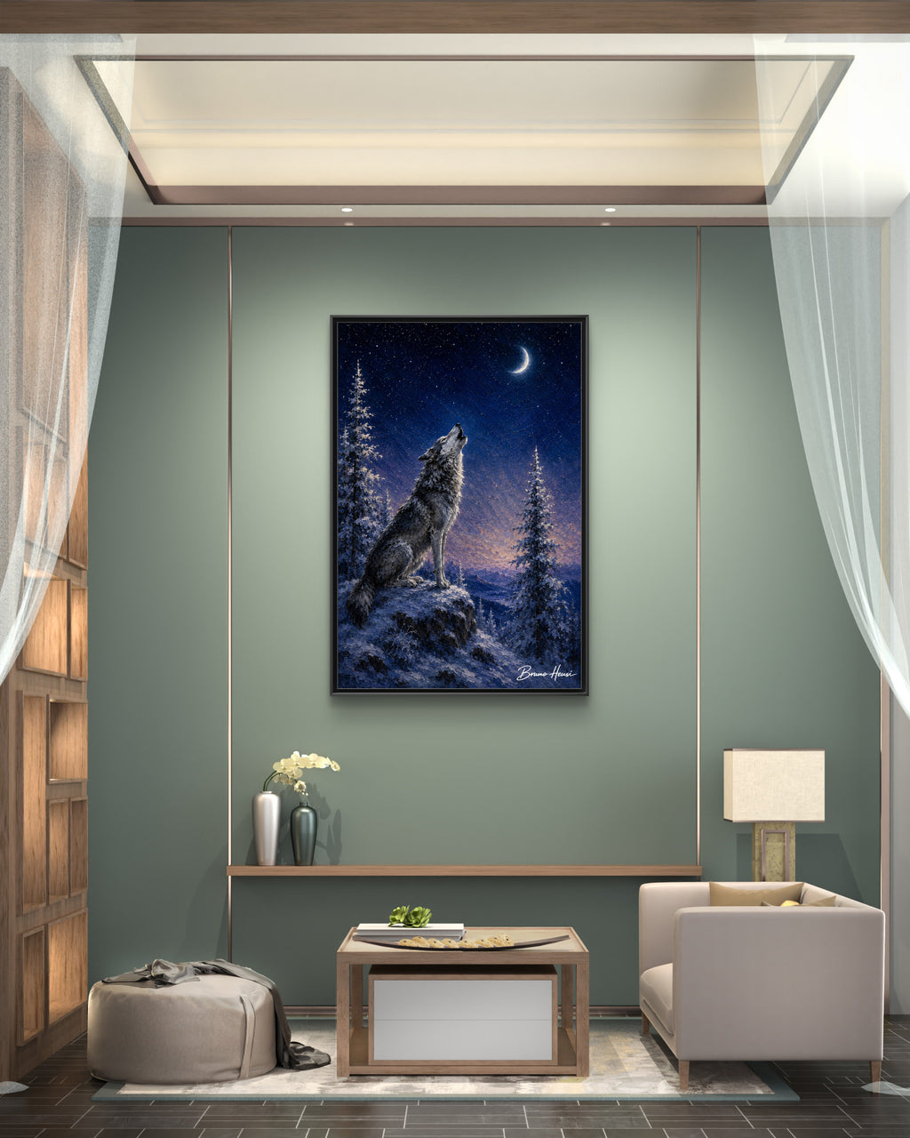 Howling Wolf Moon Framed Canvas Art - Matte Multi-Color Wilderness Print