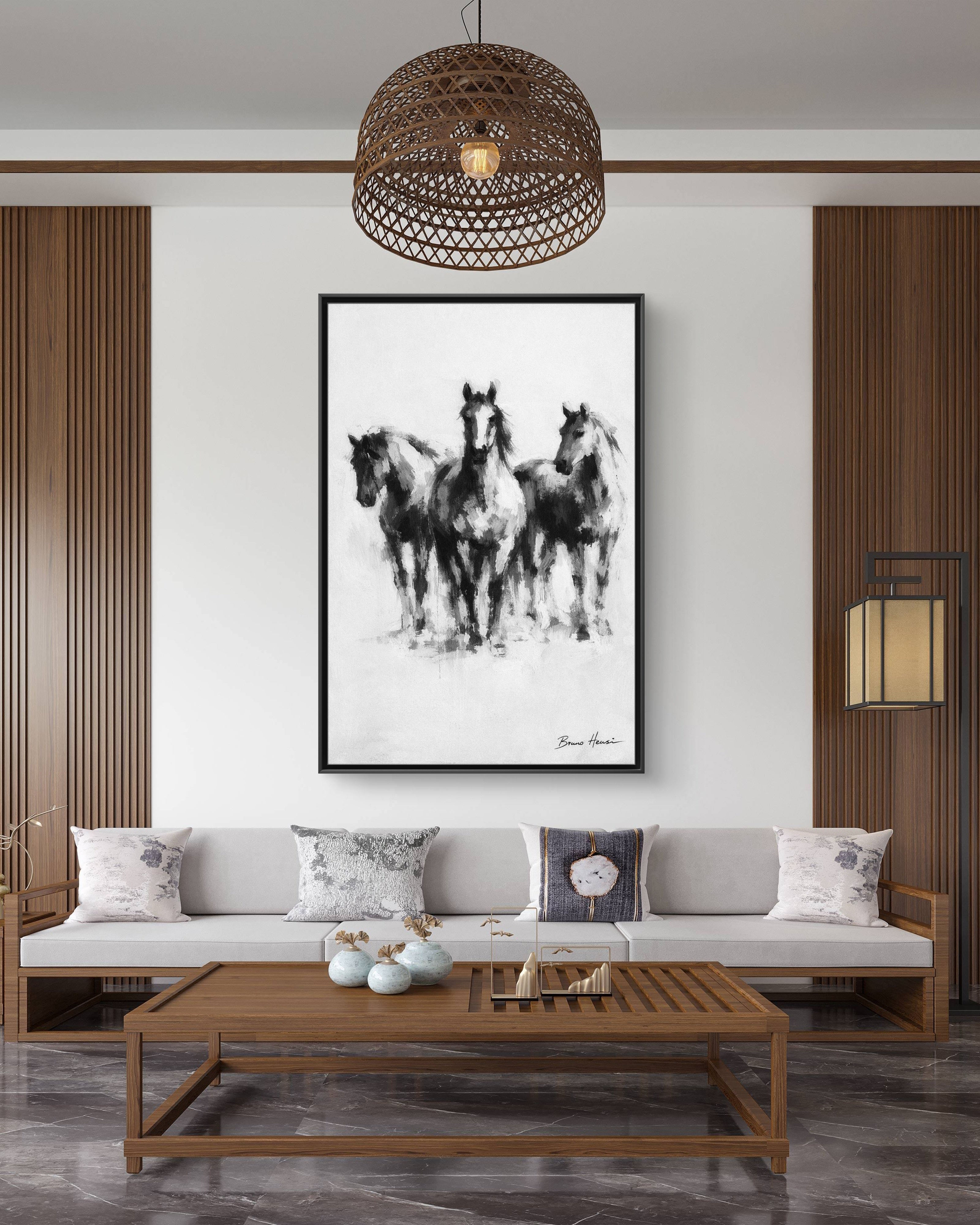 Framed Matte Canvas Print – Three Galloping Horses Black & White Wall Art