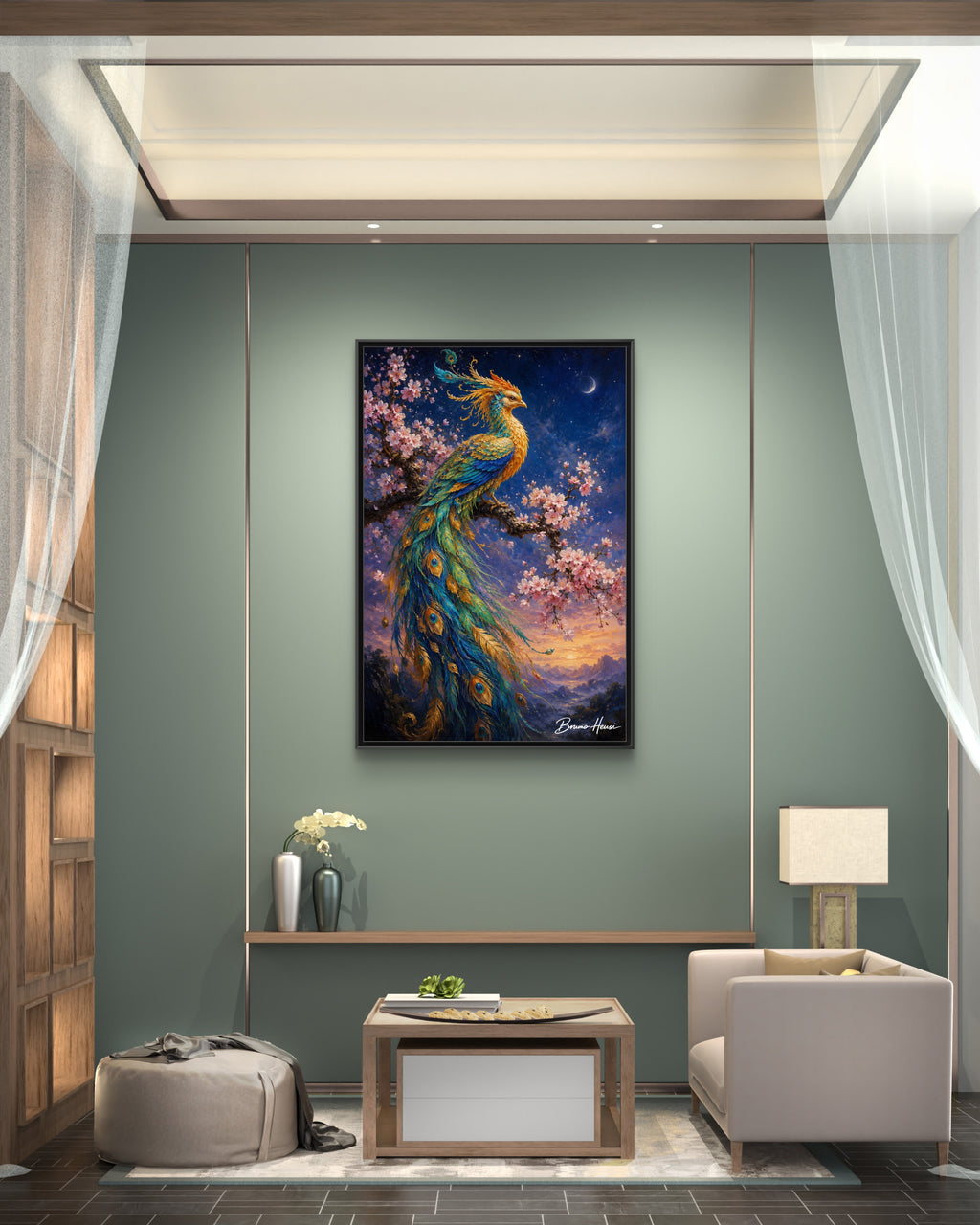 Framed Peacock Canvas Wall Art — Vibrant Fantasy Bird Print