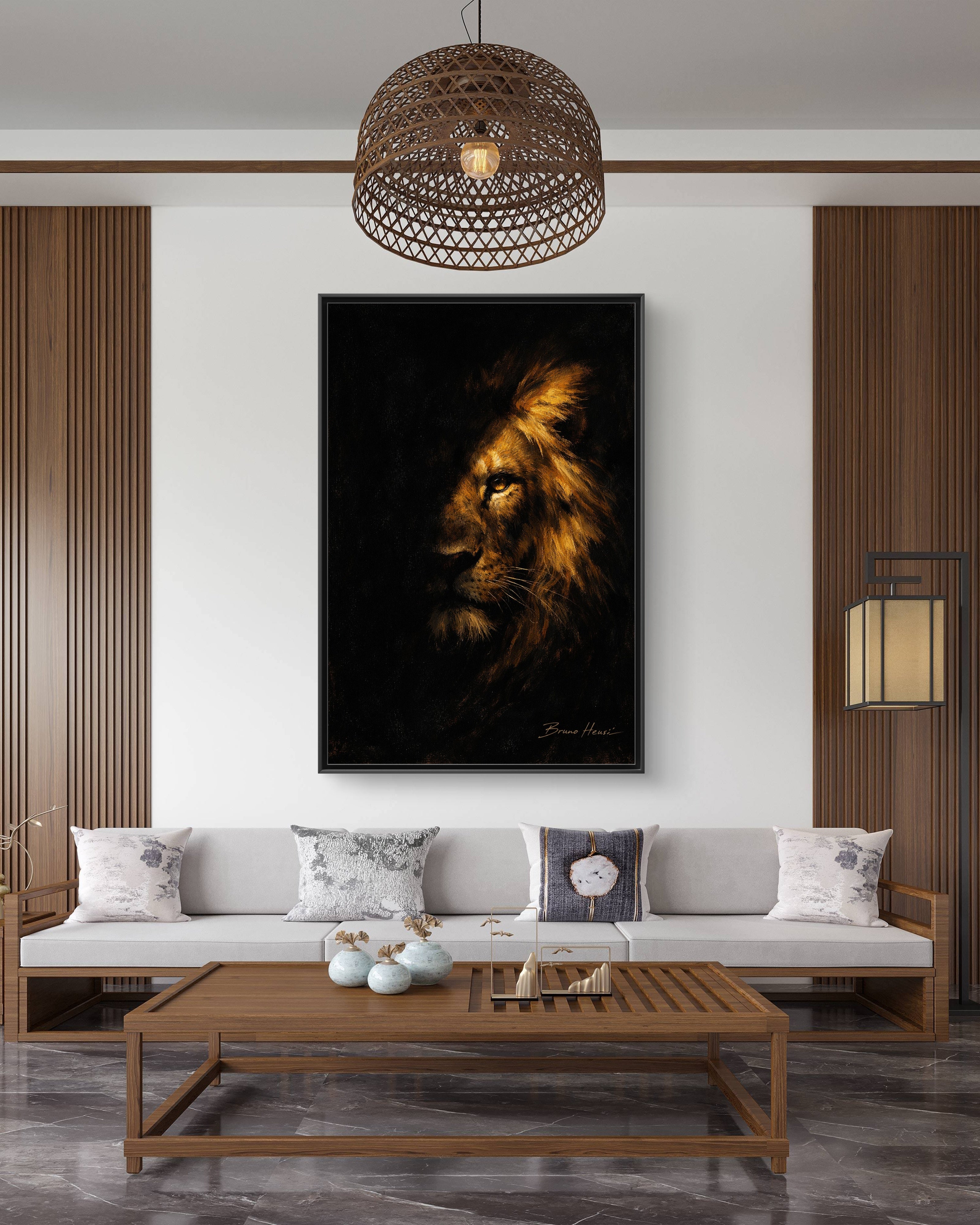 Majestic Lion Portrait Framed Canvas Wall Art — Golden Mane on Black Matte Print