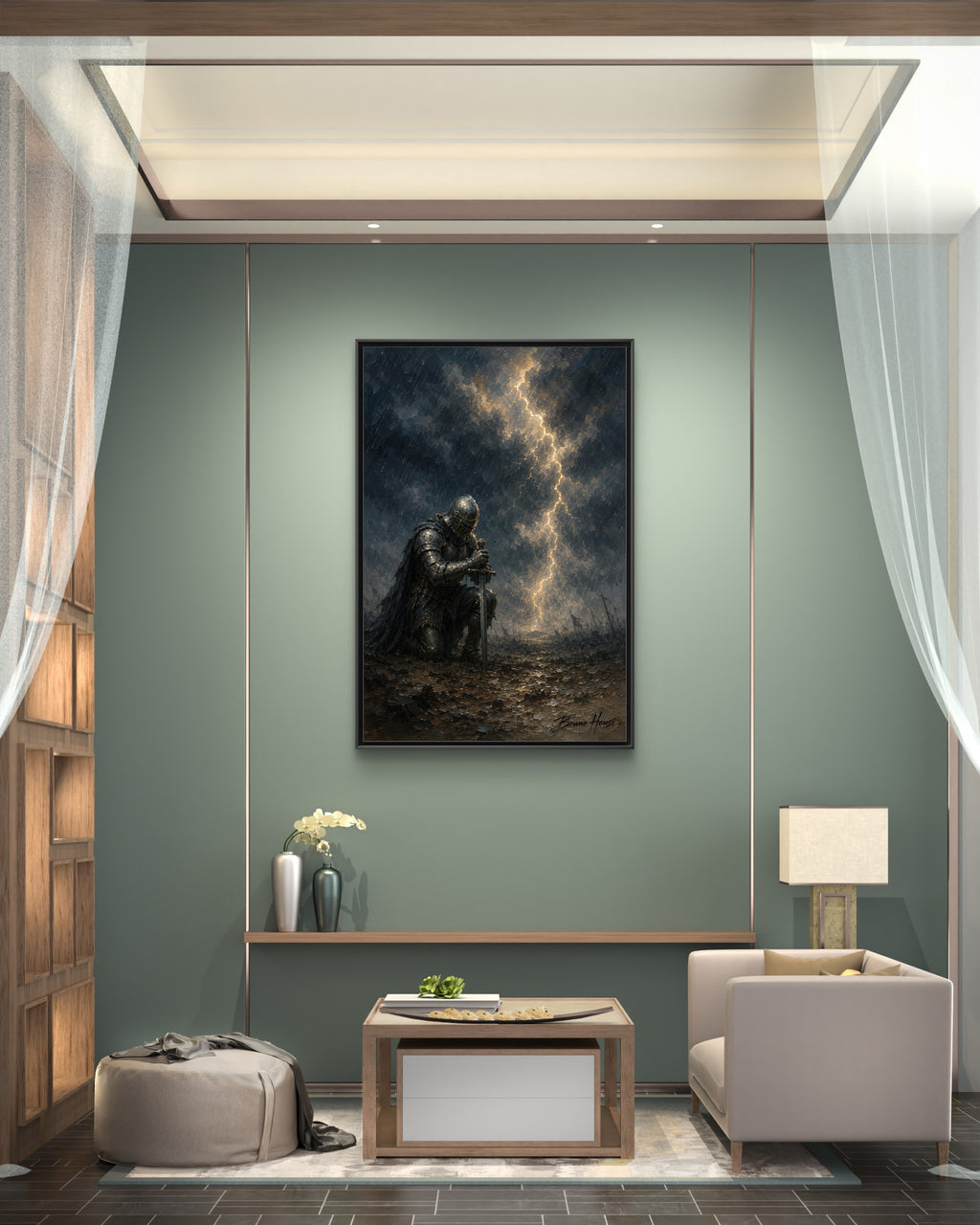 Knight in Thunderstorm Matte Framed Canvas — Dark Fantasy Wall Art
