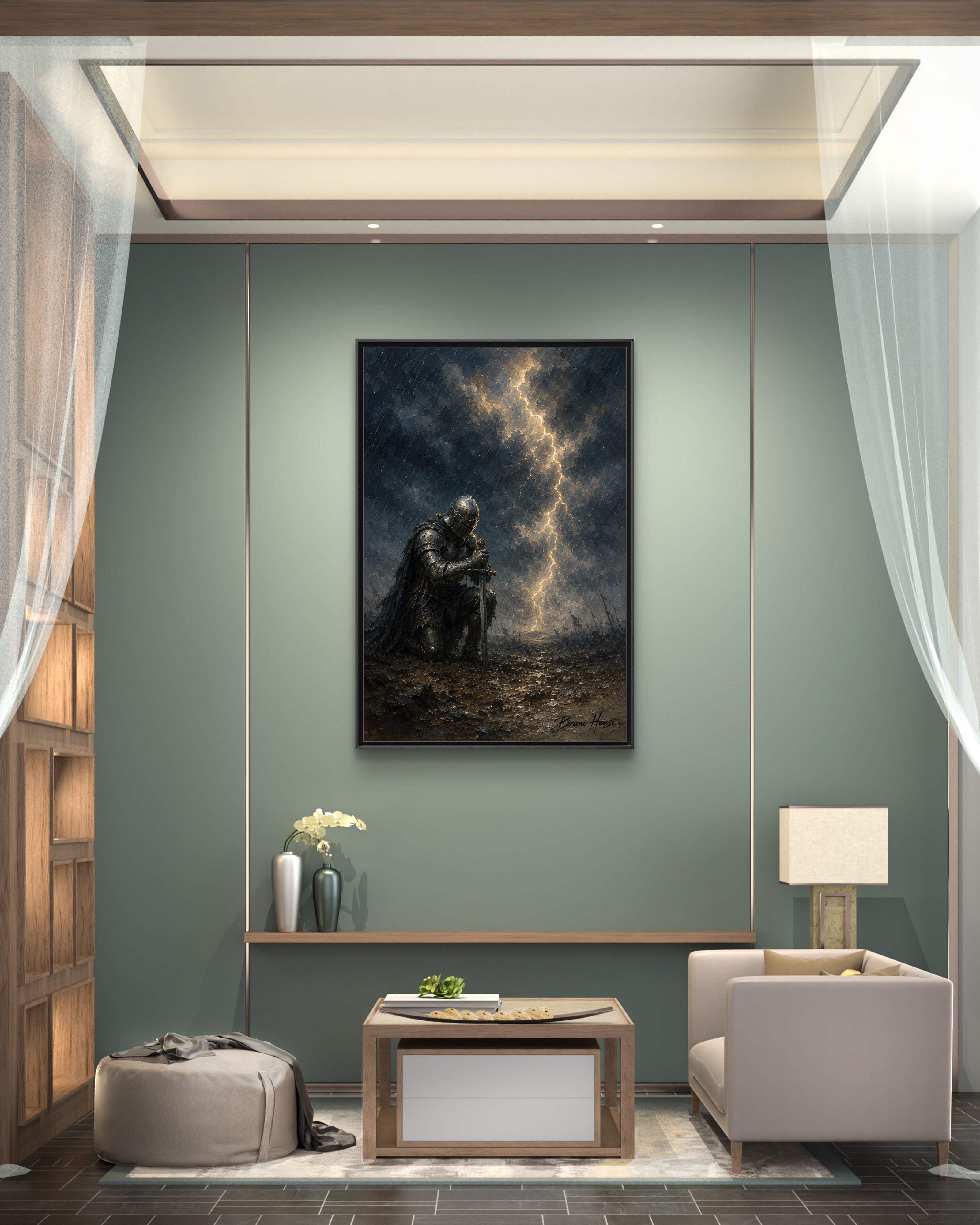 Knight in Thunderstorm Matte Framed Canvas — Dark Fantasy Wall Art