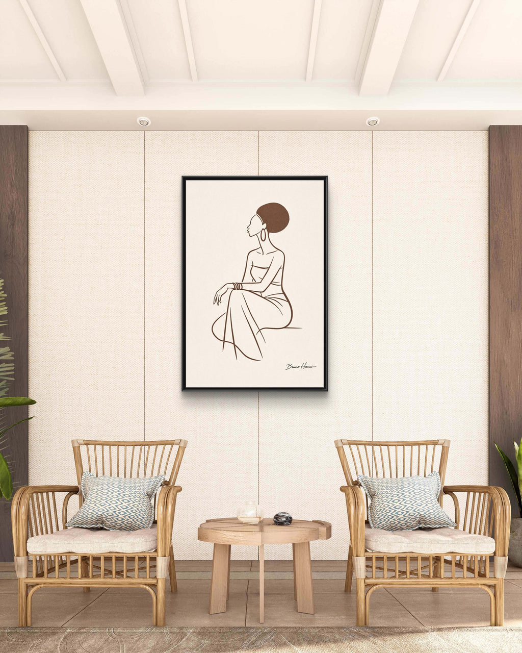 Elegant Minimalist Line Art Woman — Framed Matte Canvas Wall Art