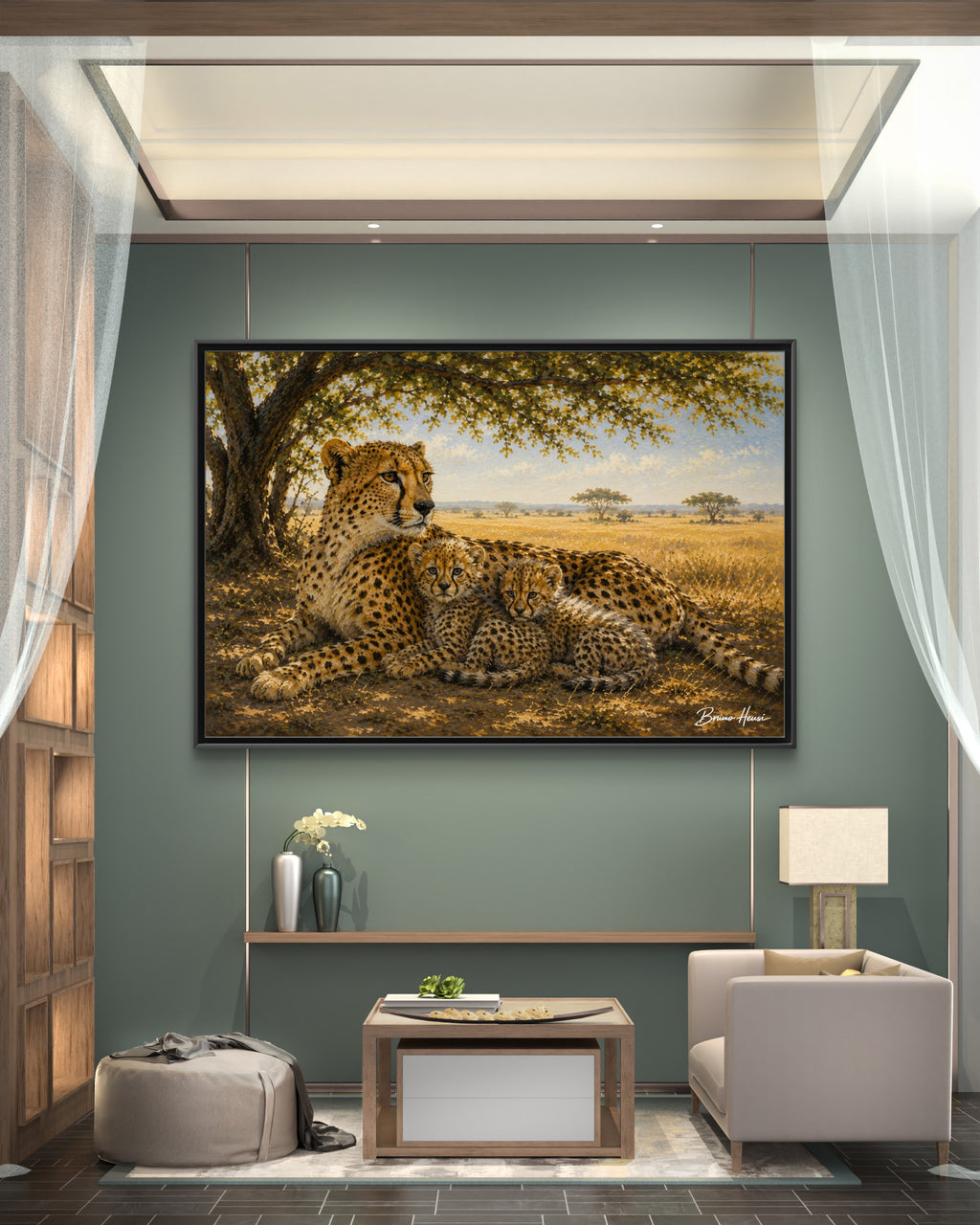 Cheetah Mother & Cubs Framed Canvas Wall Art – African Wildlife Safari Print
