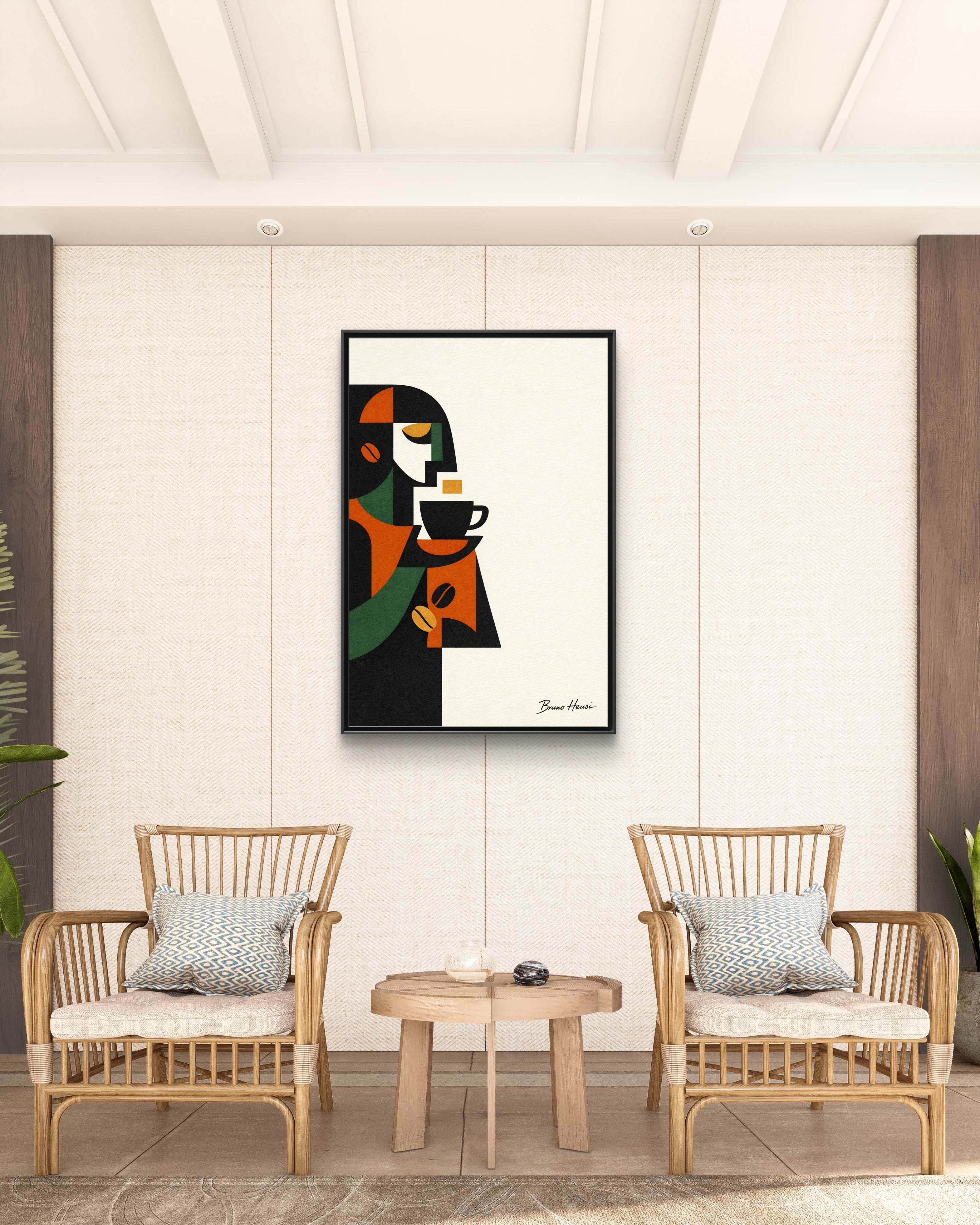 Abstract Coffee Drinker Framed Canvas Print — Modern Café Wall Art