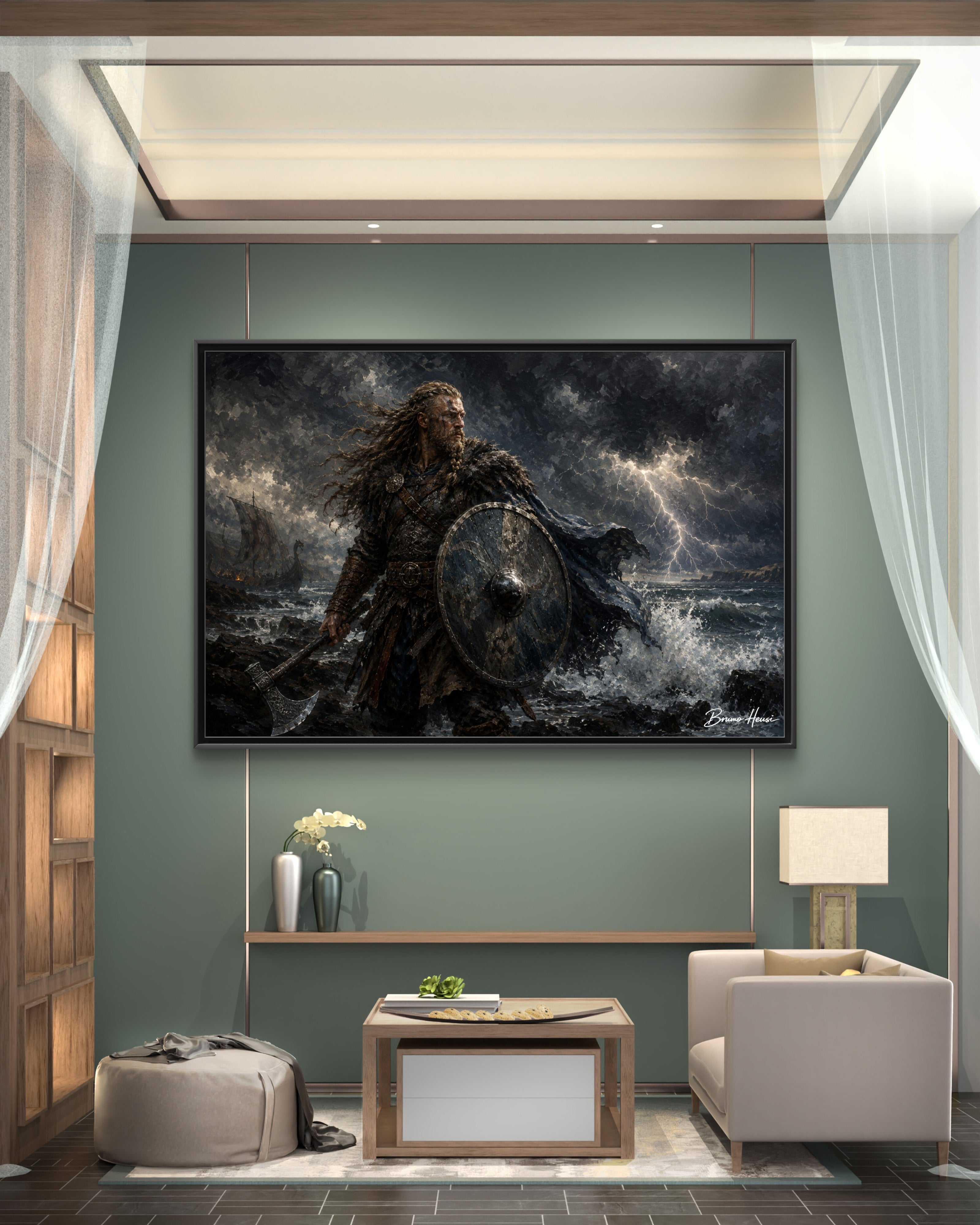 Viking Warrior Matte Framed Canvas Print — Stormy Norse Shield and Axe Wall Art