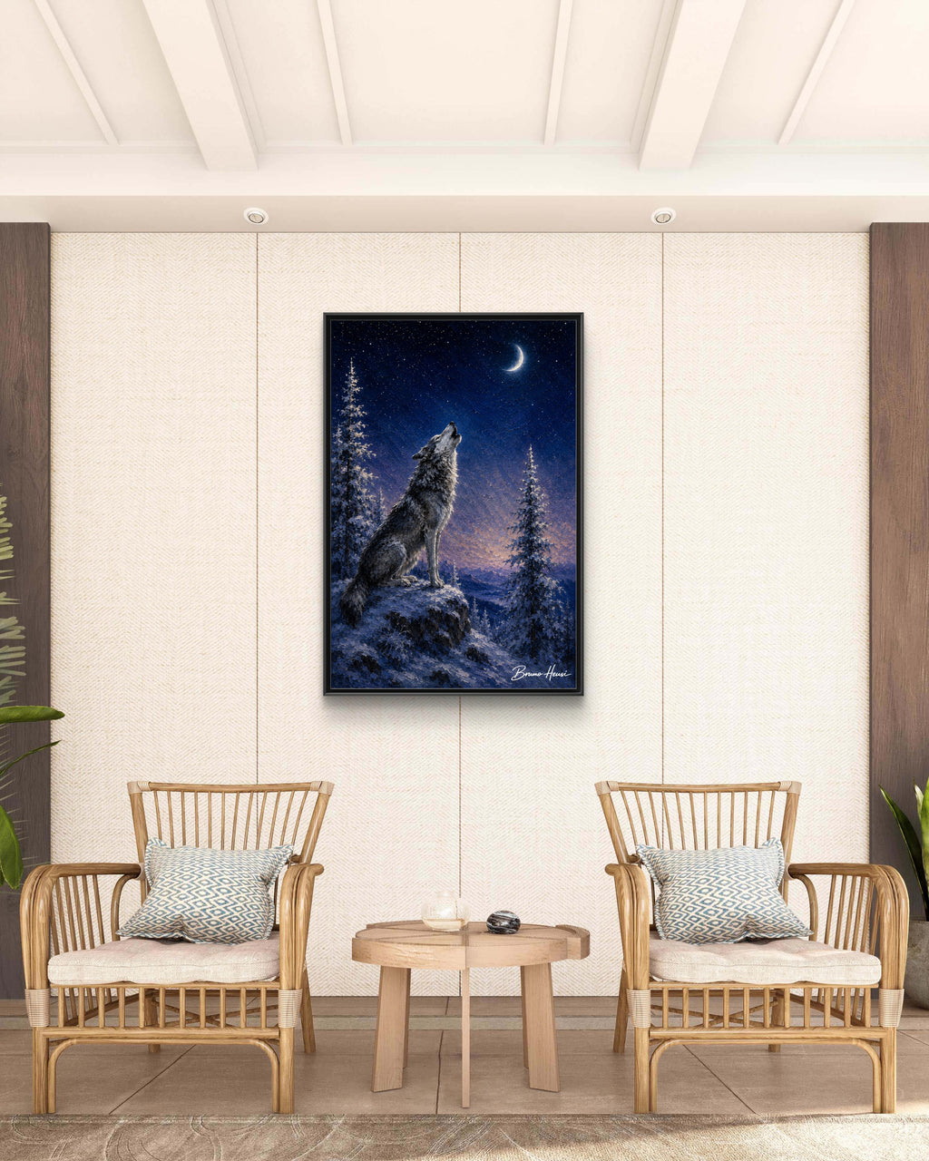 Howling Wolf Moon Framed Canvas Art - Matte Multi-Color Wilderness Print