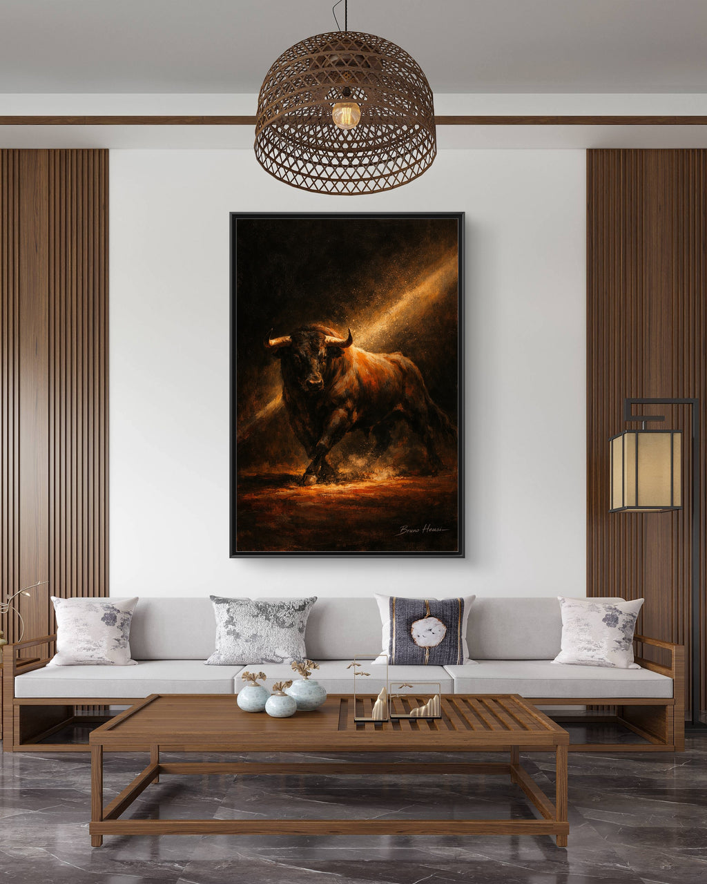 Framed Matte Canvas Art - Dramatic Charging Bull Painting
